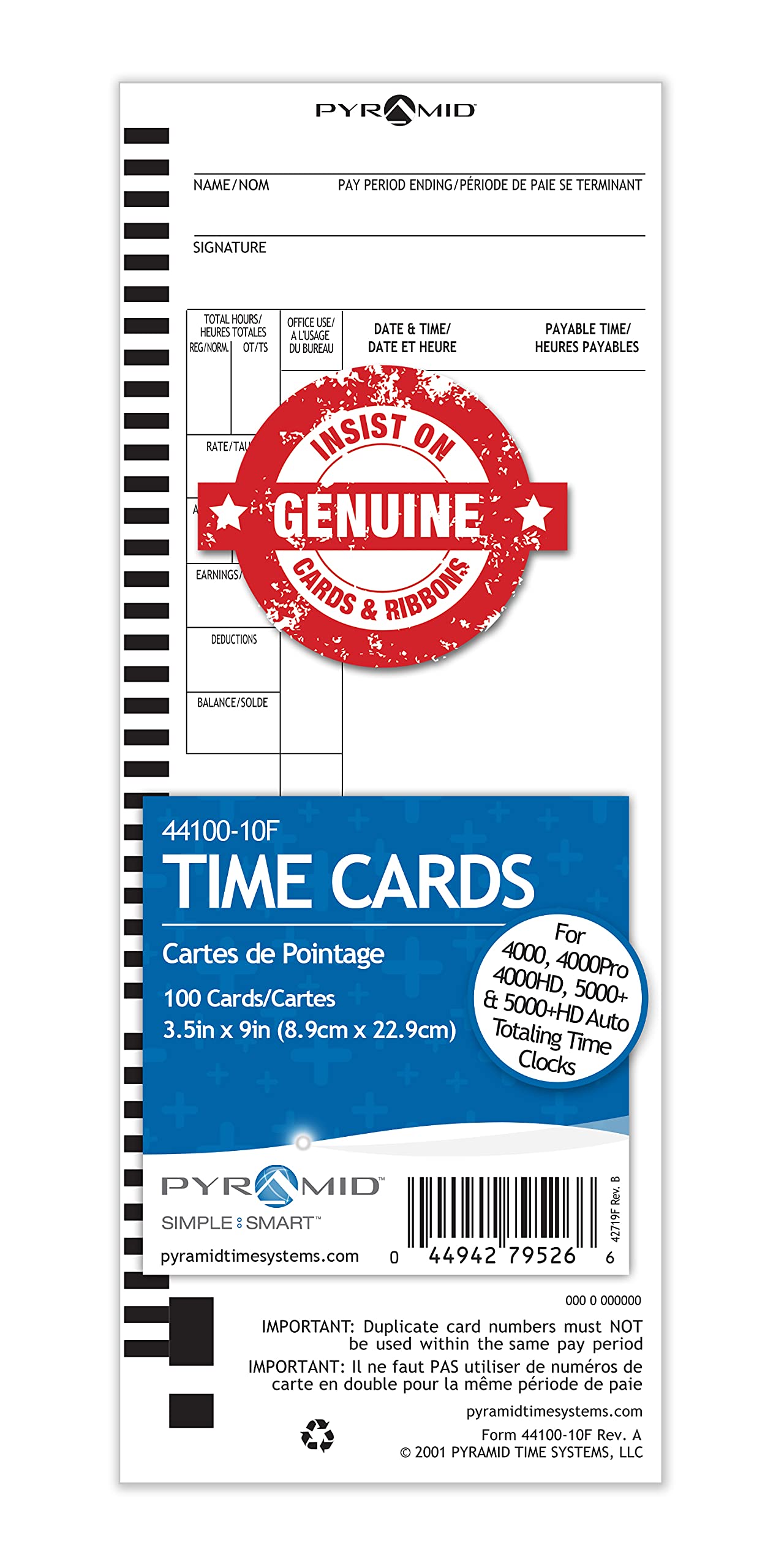 Genuine Pyramid Time Systems 44100-10FMB French Time Cards - 1,000 Count Pack for 4000, 4000PRO, 4000PROK & 5000 Series Time Clocks | Perfect for Office Attendance Tracking & Employee Time Management