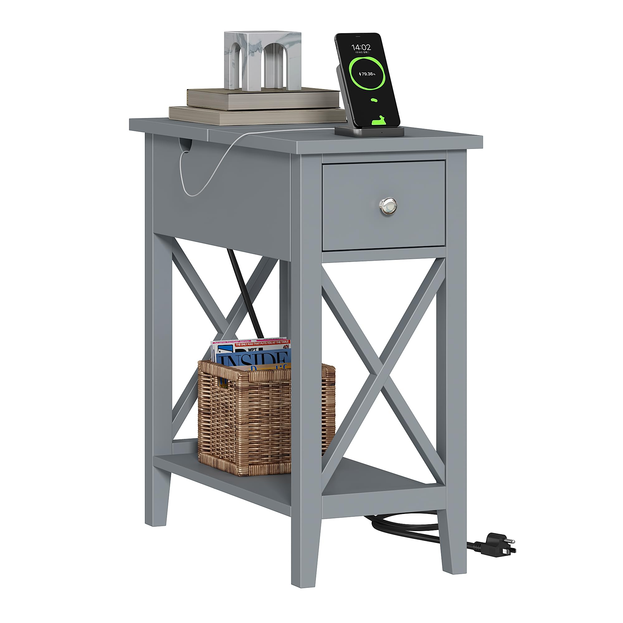ChooChoo Narrow End Table with Charging Station - USB Ports & Outlets, Small Space Nightstand with Drawer - Perfect for Bedroom, Living Room & Office - Modern Grey Side Table for Convenient Device Charging & Storage