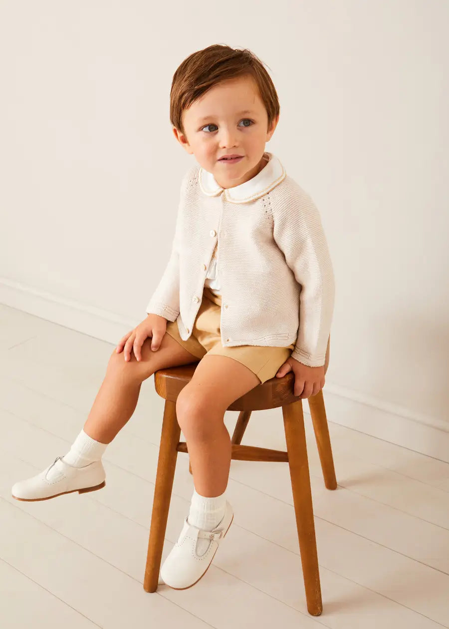 Hand Smocked Peter Pan Collar Short Sleeve Two Piece Set for Girls in Beige (18 Months to 6 Years) - Perfect for Birthday Parties, Photo Shoots & Special Occasions