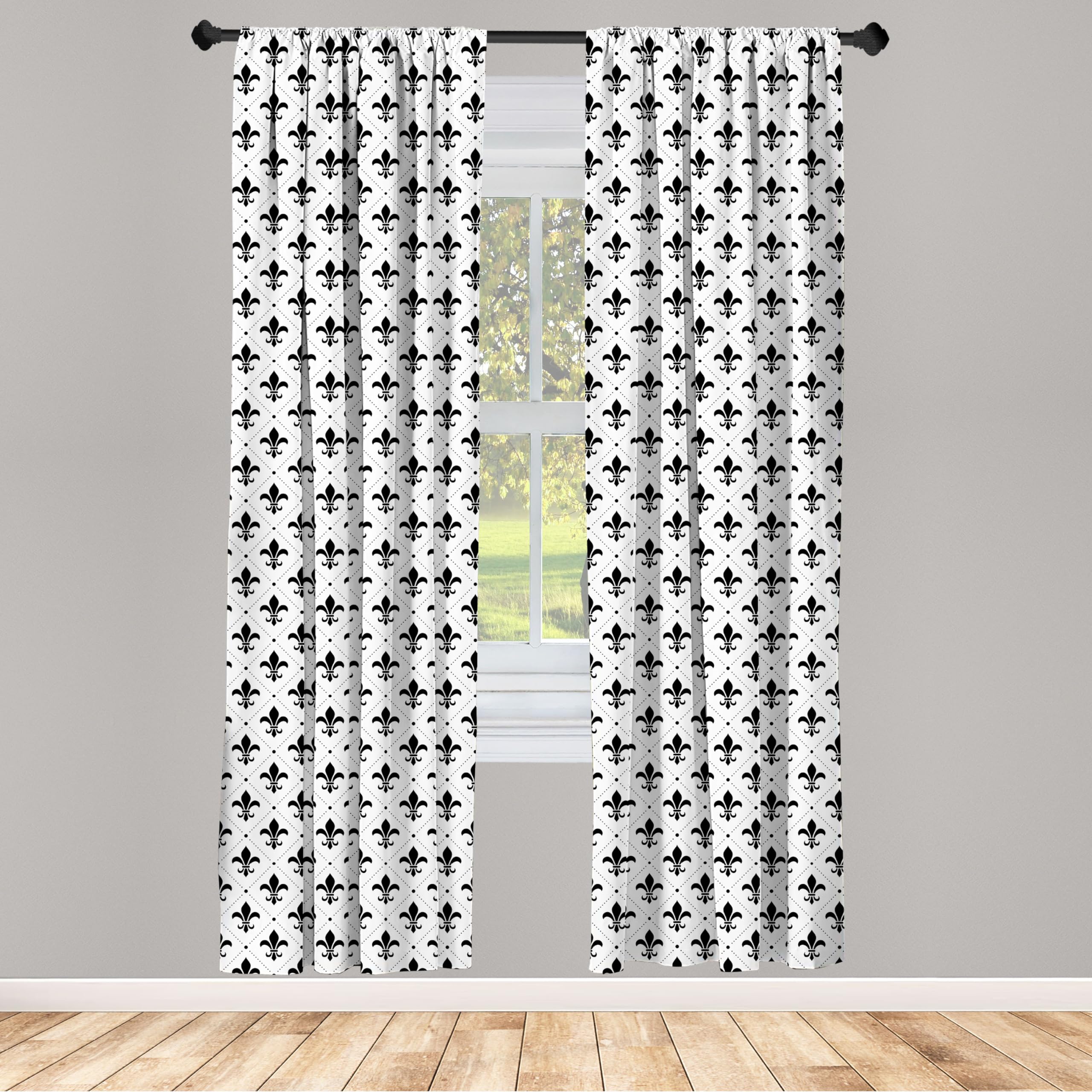 Ambesonne Fleur De Lis Black & White Curtains - French Inspired Medieval Floral Pattern Window Drapes, 2 Panel Set (28