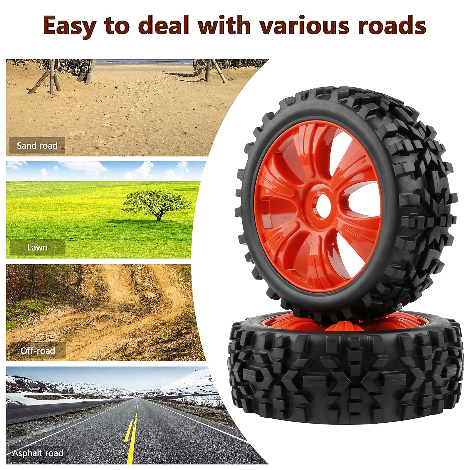 4PCS 1/8 Scale RC Buggy Tires - 17mm Rubber Wheels with Adapter Nuts for Traxxas Typhon, Red - Perfect for Off-Road Racing and RC Car Upgrades