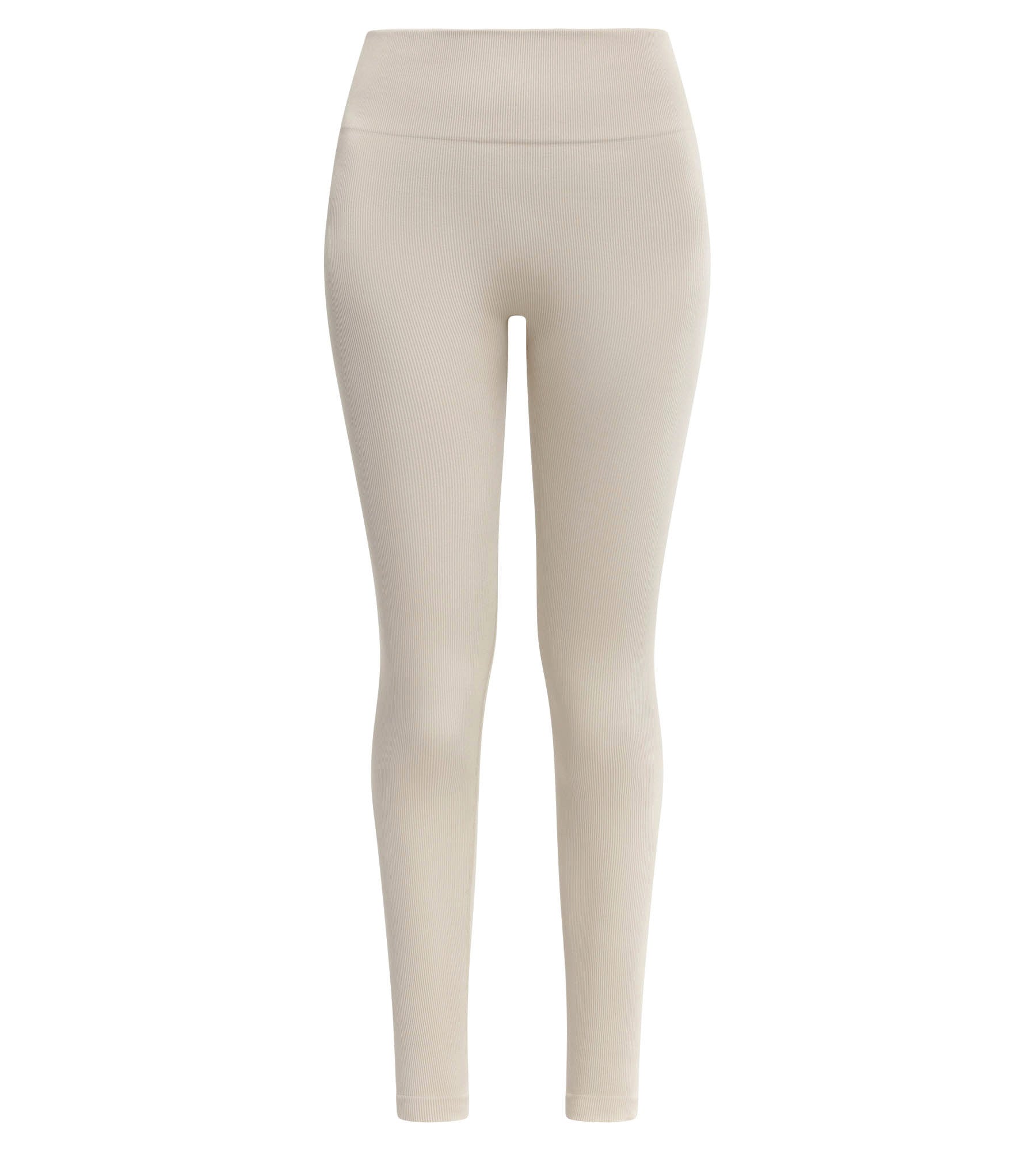 Women's Beige Ribbed Knit Leggings - High Waisted Stretchy Comfortable Yoga Pants for Workout, Lounge & Everyday Wear