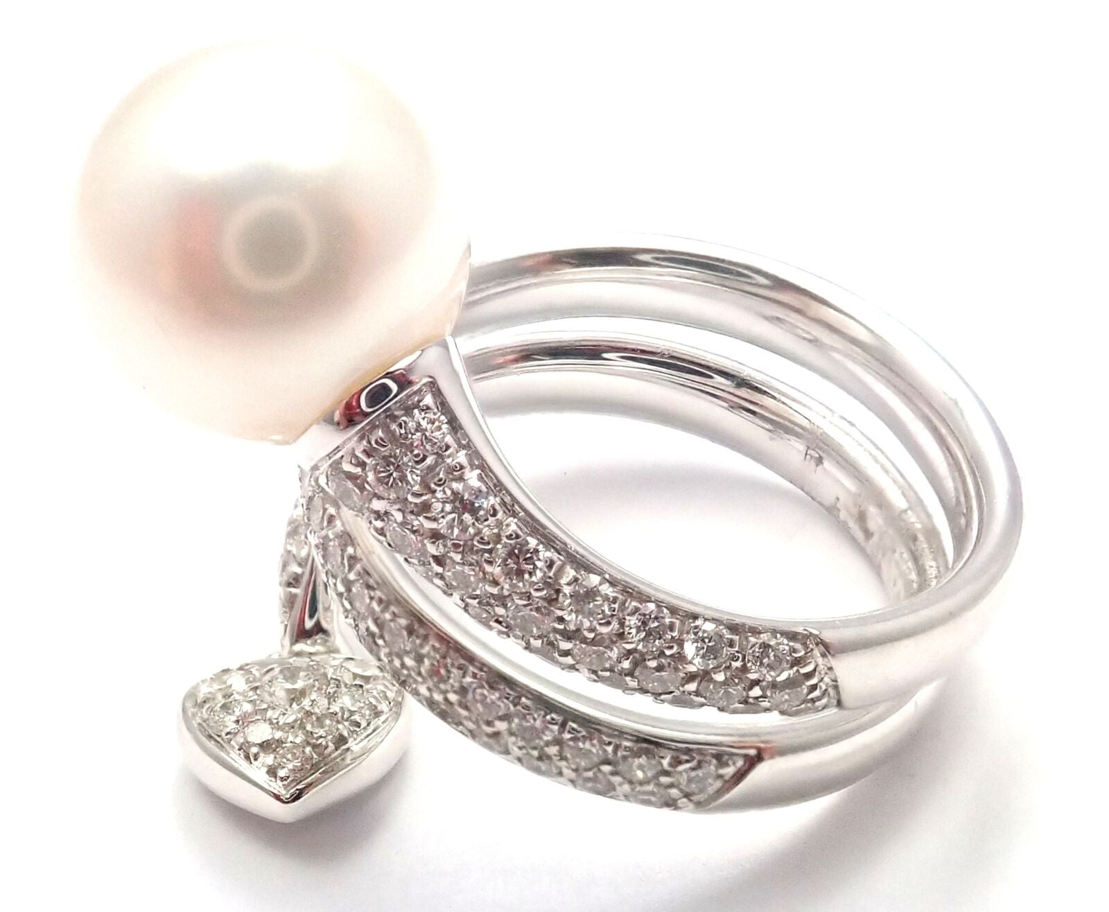 Authentic Mikimoto 18K White Gold Diamond South Sea Pearl Heart Ring with Certificate - Luxury Pearl Jewelry for Women, Perfect for Anniversaries, Weddings & Special Occasions