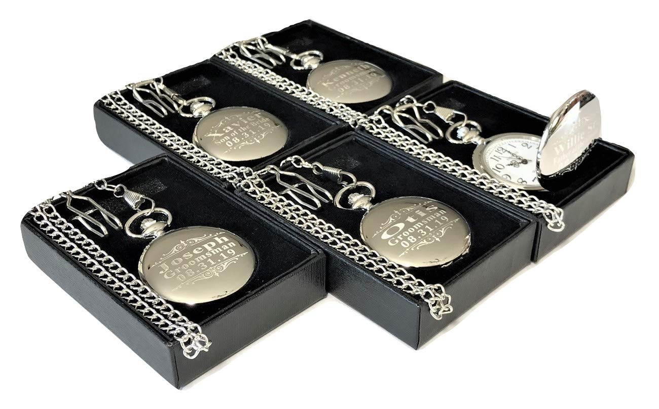 5 Personalized Engraved Pocket Watches for Groomsmen - Best Man Wedding Gift Set with Chains & Gift Boxes - Perfect for Weddings, Anniversaries and Special Occasions