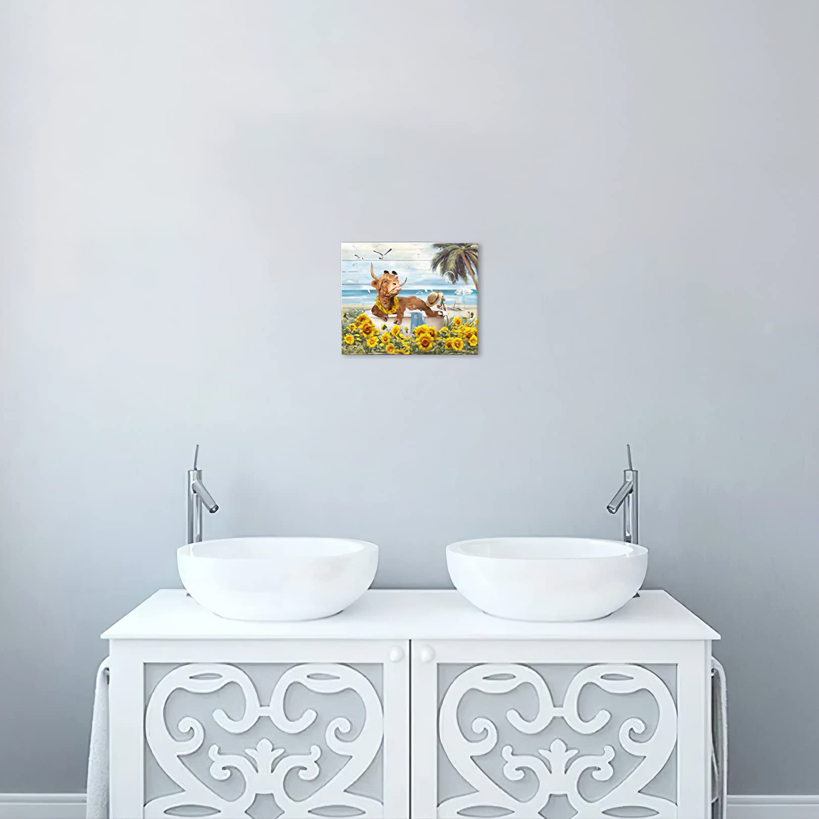 Highland Cow Canvas Art - Rustic Farmhouse Decor for Bathroom & Beach - 8x10 Inch Framed
