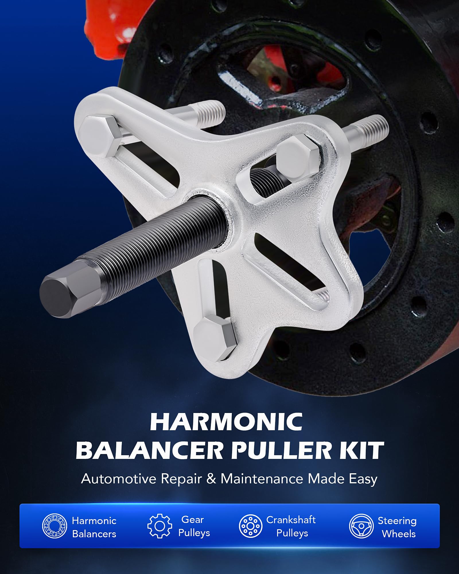 Orion Motor Tech Harmonic Balancer Puller Kit - Power Steering Pulley Puller & Installer Tool Set - Automotive Steering Wheel Puller - Flange Type Gear & Crank Puller Set for Car Repair & Engine Maintenance