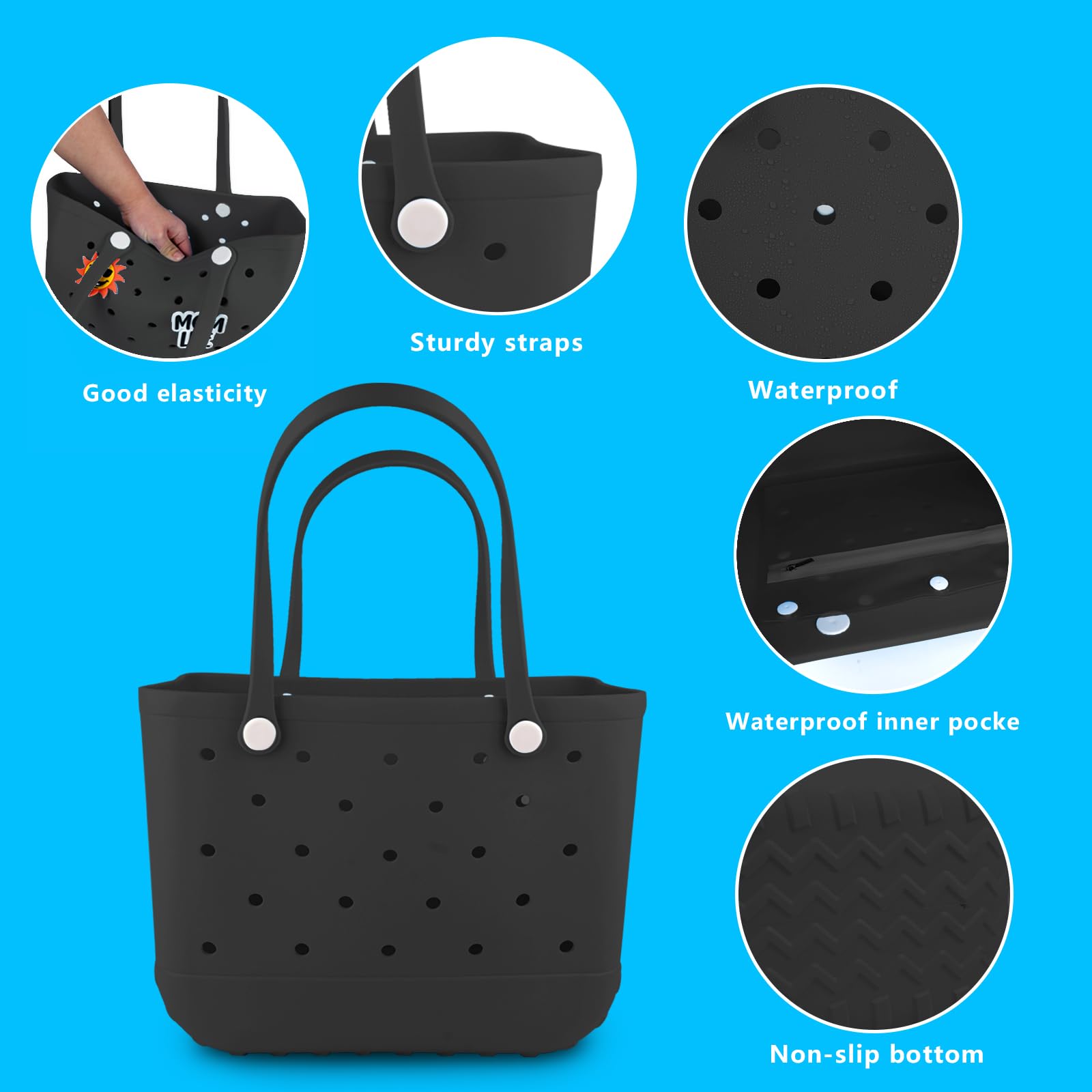 Waterproof Washable Rubber Beach Tote Bag with Zipper Pocket & Phone Pouch - Durable Open Purse for Pool, Boat, Beach & Summer Travel Accessories