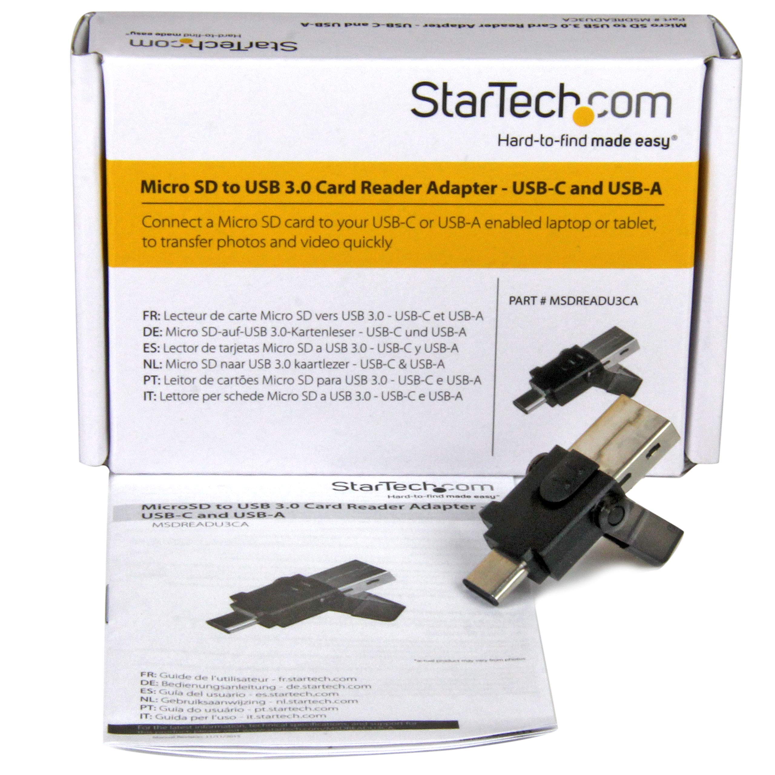StarTech.com USB 3.0 MicroSD Card Reader Adapter - Dual USB-C & USB-A Compatible Memory Card Reader for Laptops, PCs & MacBooks - Fast Data Transfer for Photos, Videos & Files (MSDREADU3CA), Black - Perfect for Travel, Photography & Office Work