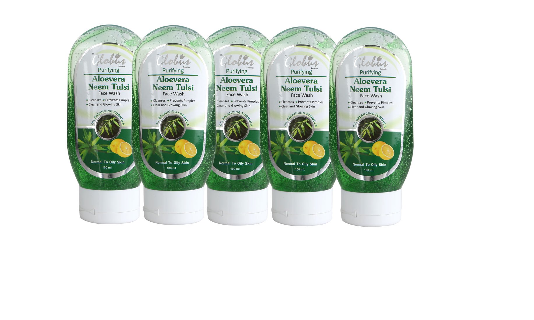 Globus Remedies Aloe Vera Neem Tulsi Face Wash for Acne & Oily Skin - 100ml (Pack of 5) - Gentle Cleansing, Natural Ingredients, Perfect for Daily Skincare Routine