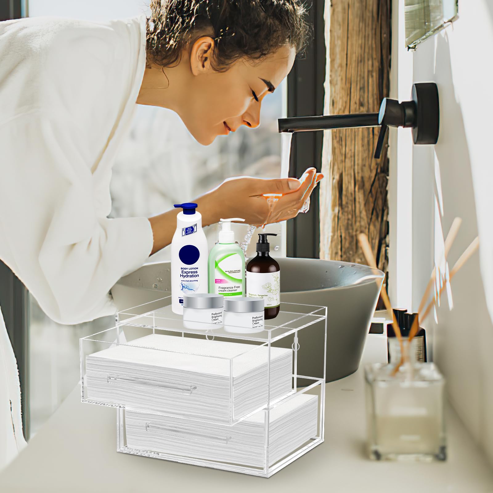 Acrylic Disposable Face Towel Storage Box with 2 Drawers - Clear Makeup Organizer & Skin Care Towel Holder - Wall Mountable for Bathroom, Salon, Spa (Face Towels Not Included) - Perfect for Clean Skin Club & Beauty Routine Organization