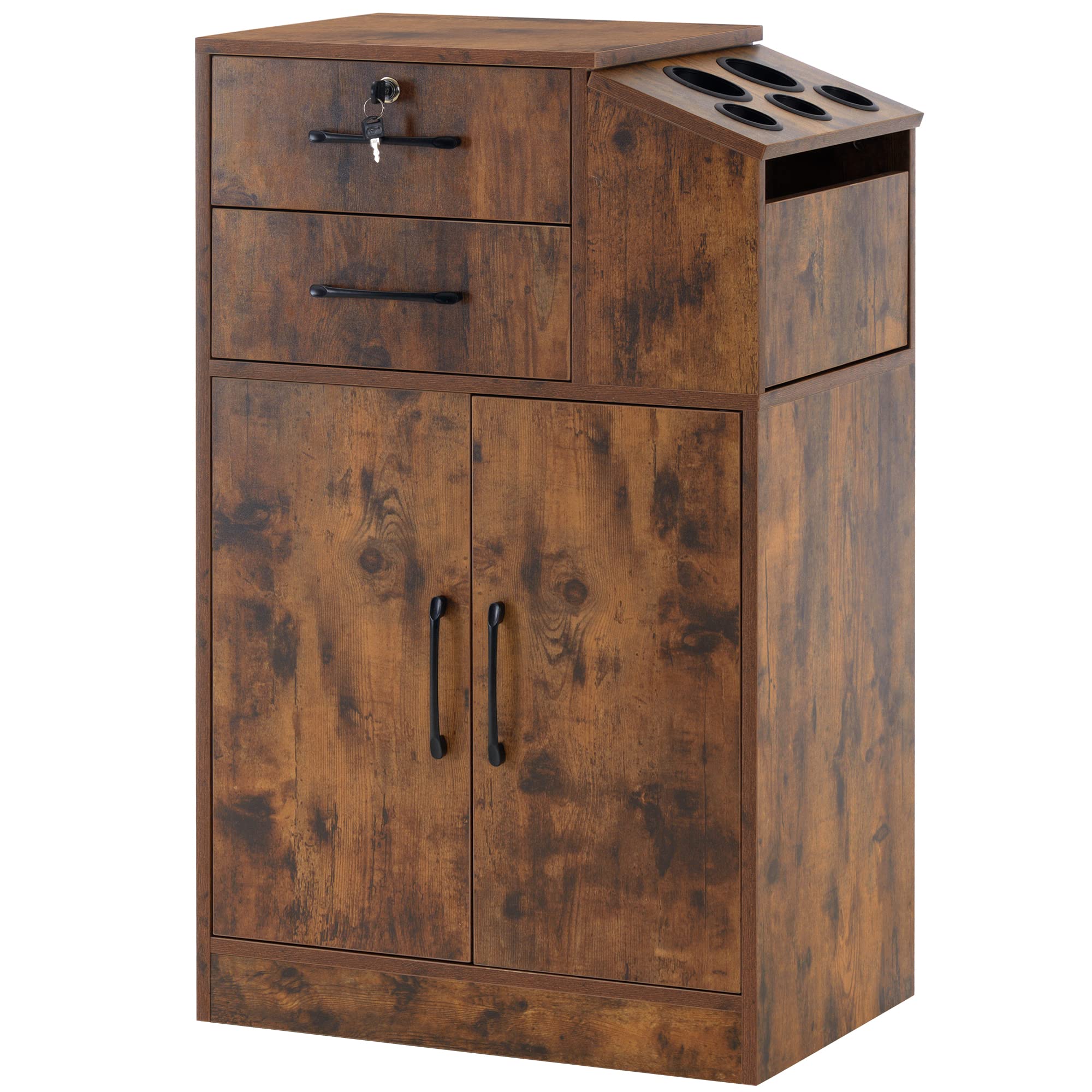 BarberPub Locking Barber Station with 2 Drawers - Beauty Salon Storage Cabinet with Holders for Hair Stylists & Spa Tools - Rust Brown (2005 Model) - Perfect for Professional Salons, Home Barber Shops & Spa Storage Solutions