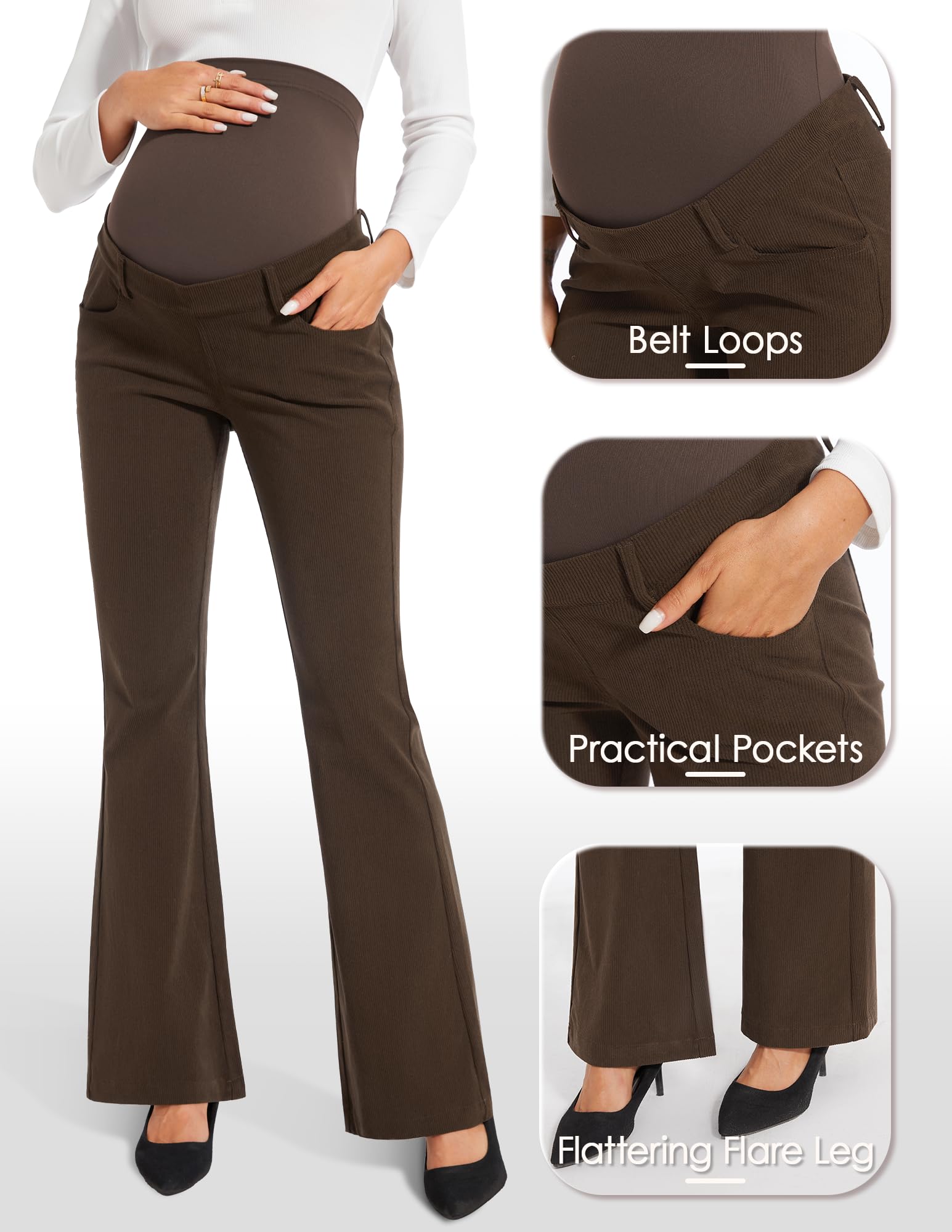 AMPOSH Women's Maternity Corduroy Pants - Over The Belly Stretch Flare Leg Pregnancy Pants with Pockets | Soft Comfortable for Everyday Wear, Work & Casual Outfits
