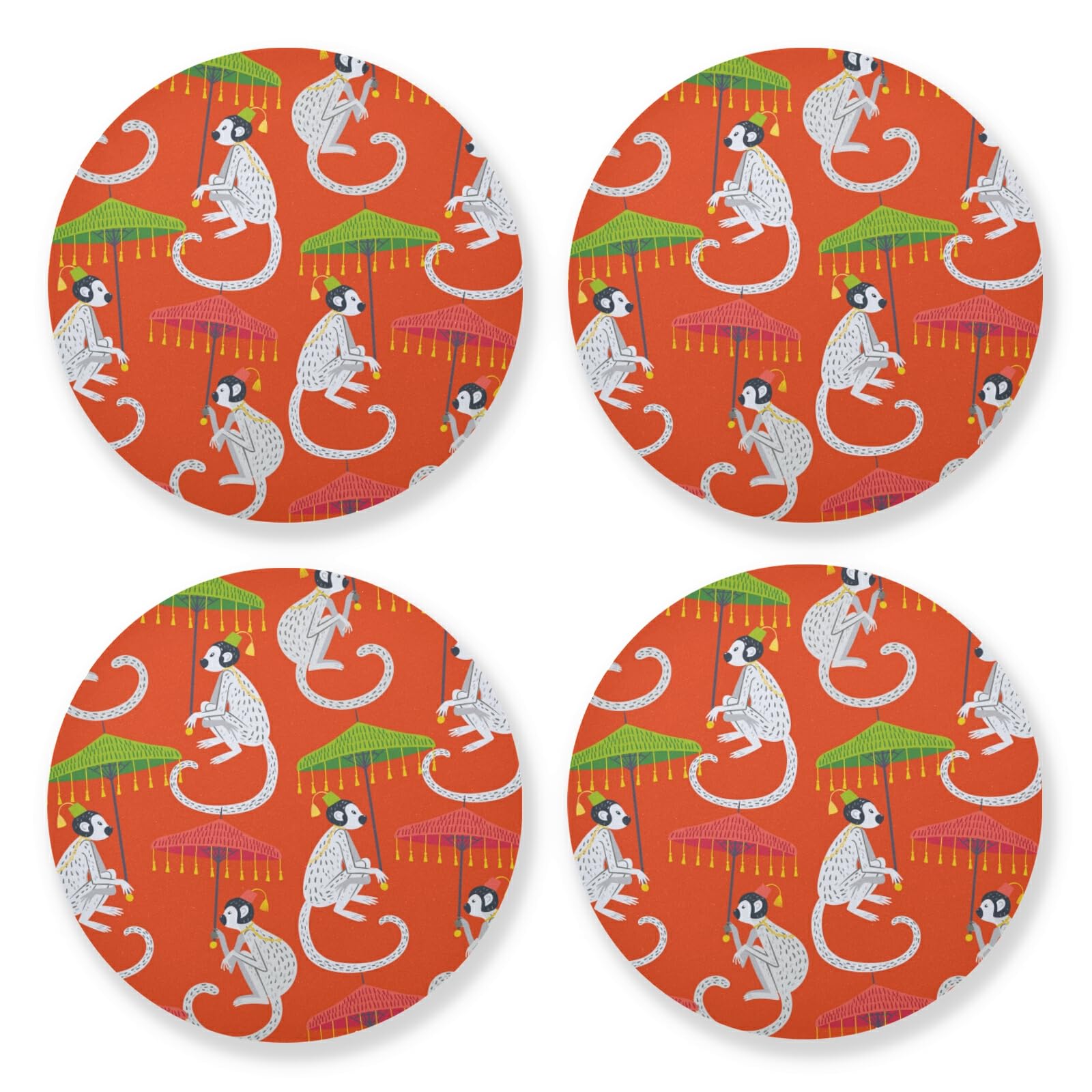 4PCS Wooden Drink Coasters for Coffee Table - Absorbent & Durable Home, Office, Bar Desk Decor (Monkeys with Umbrella Design) - Perfect for Protecting Tables from Spills While Adding Stylish Decor to Living Rooms, Kitchens, or Workspaces