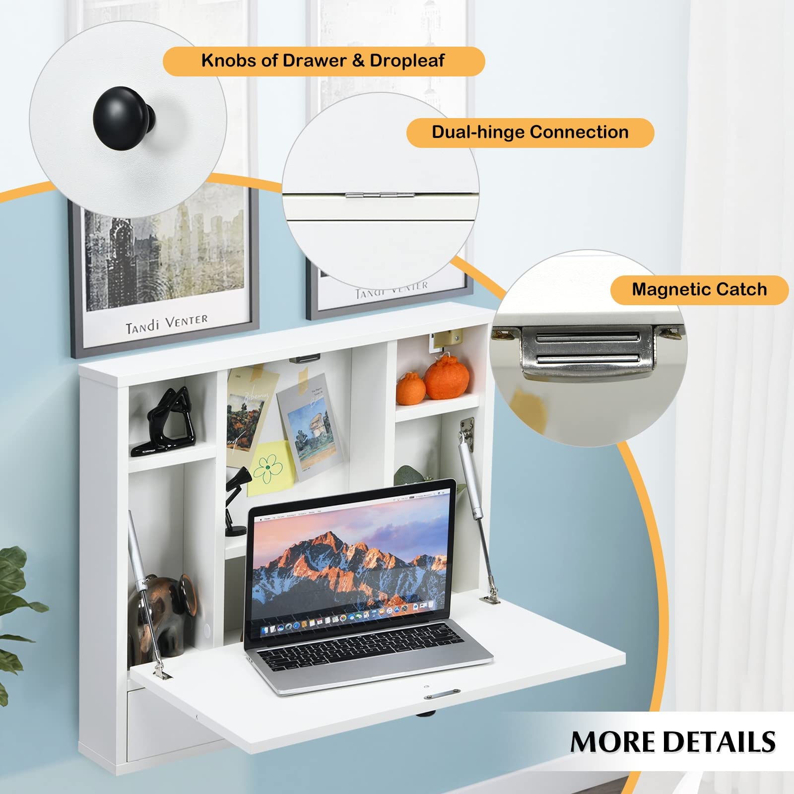 Wall Mounted Floating Desk - Foldable Computer Desk with Storage Shelves & Drawer, Space Saving Wall-Mounted Writing Desk for Small Spaces | Perfect for Home Office, Dorm Room & Studio (White)