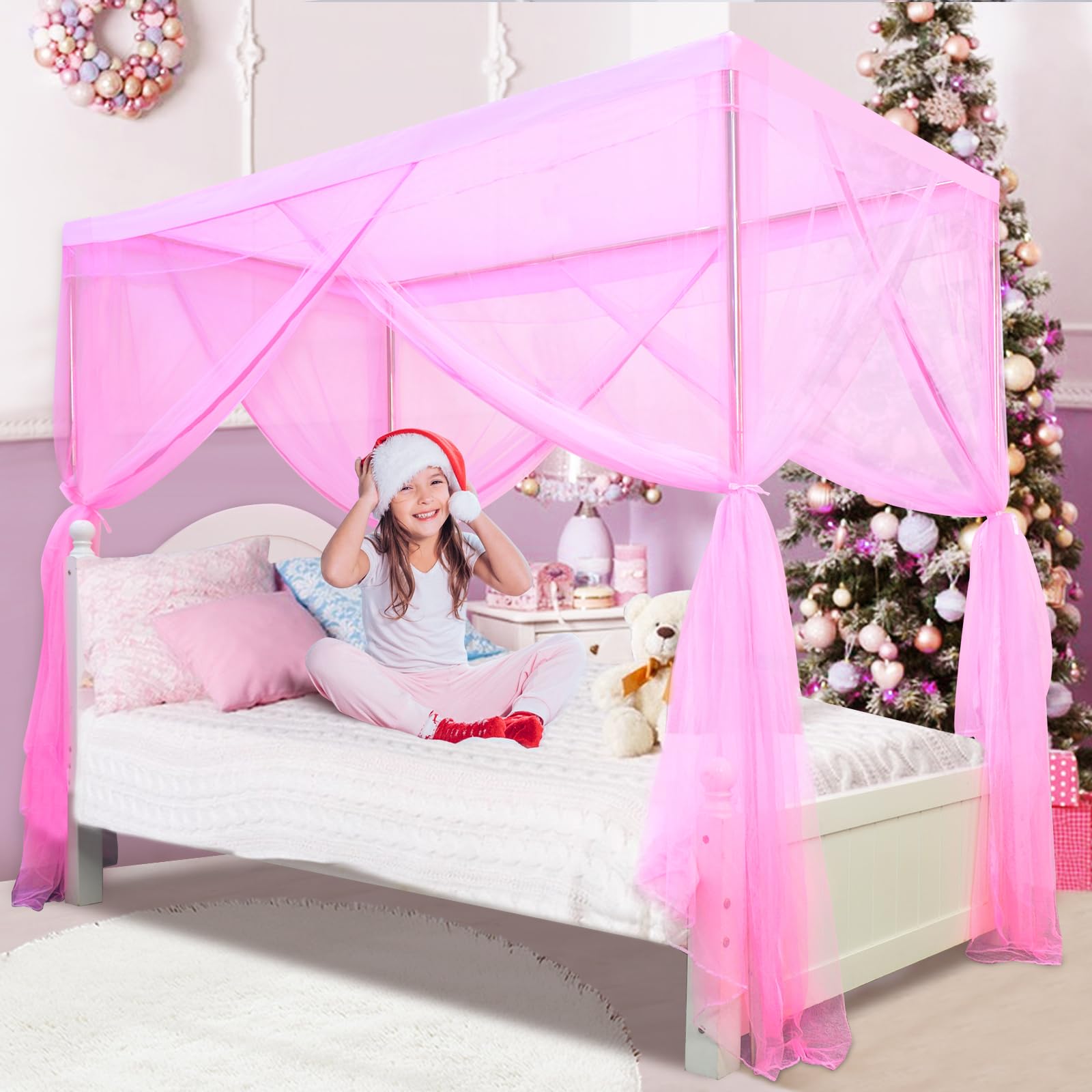 Princess Canopy Bed Curtains for Girls - Pink Twin Size 79