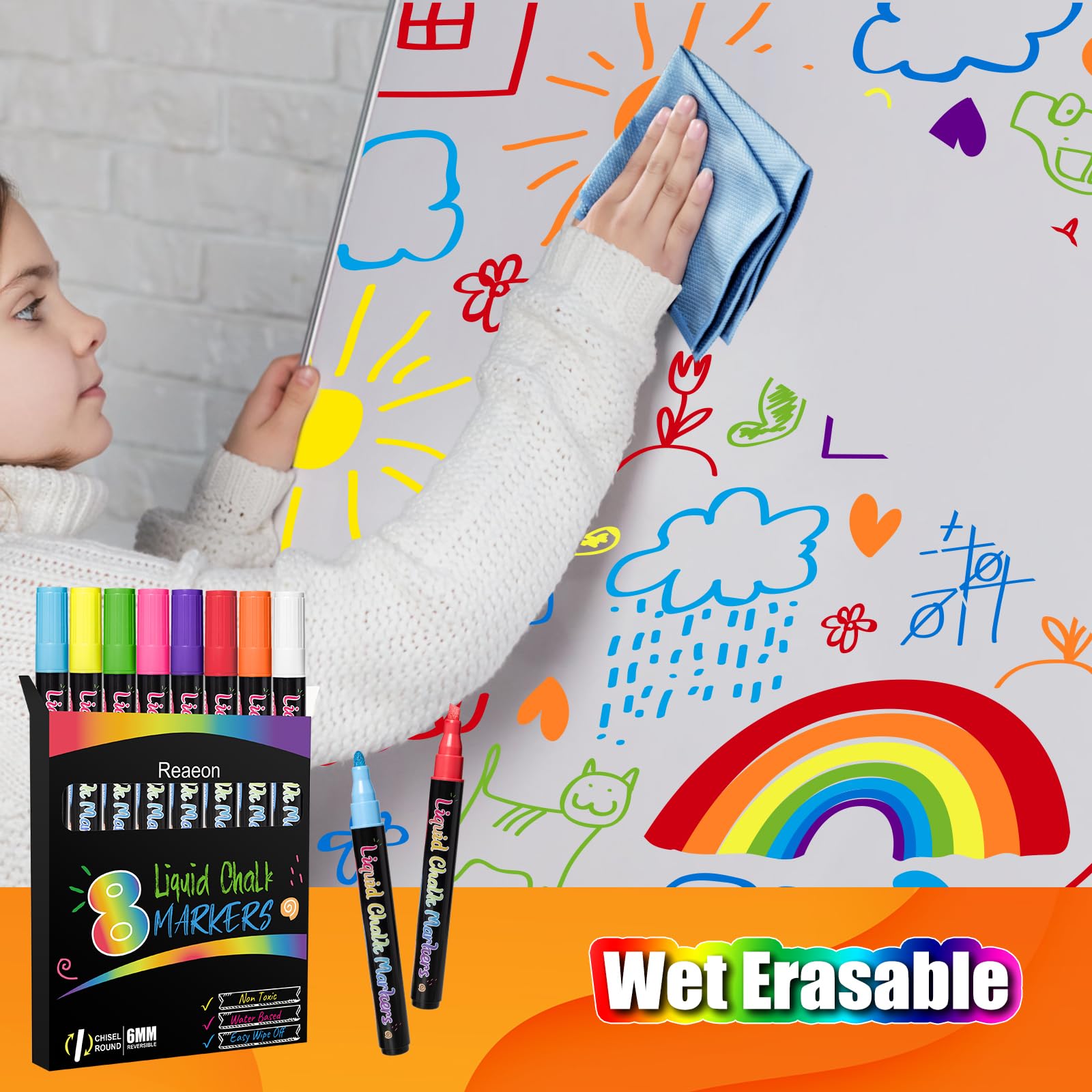 Vibrant Liquid Chalk Markers - 8 Pack Non-Toxic Water-Based Chalkboard Pens with 6mm Reversible Tip for Blackboard, Window, Glass & Mirror - Perfect for Restaurants, Classrooms, Retail Signs & DIY Home Decor