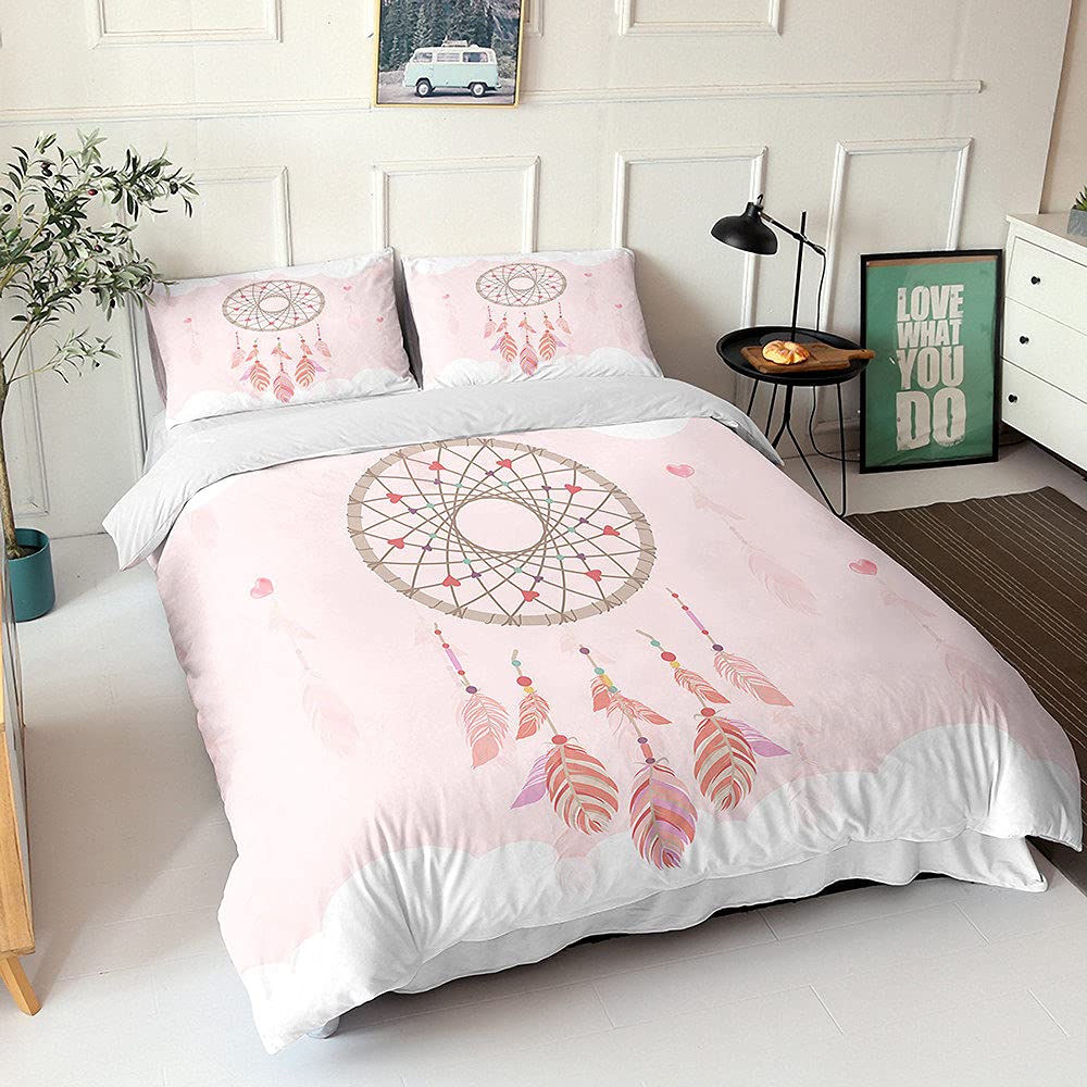 Bohemian Dreamcatcher Duvet Cover Set - Pink Feather Print Microfiber Bedding for Kids & Adults, Twin/Full Size (200x229cm, 3-Piece) - Perfect for Bedrooms, Guest Rooms & Bohemian Home Decor