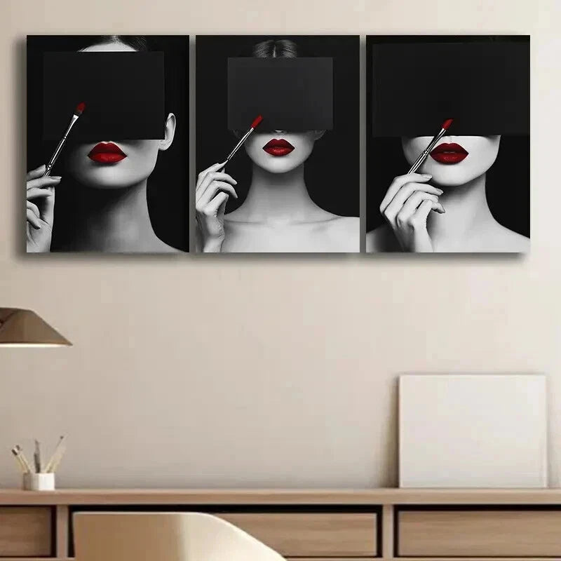 3-Piece Framed Canvas Wall Art Set - 'Woman in Red Lipstick' Darkness Perfect Print (60x90cm) | High-Quality Australian Made | Ready to Hang | Perfect for Living Room, Bedroom & Office Decor