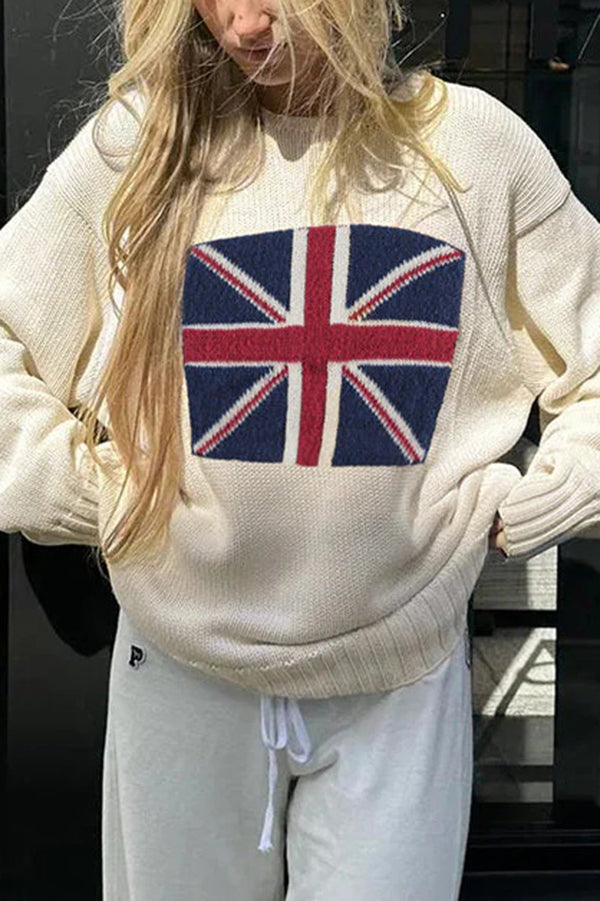 Flag Pattern Knitted Casual Crewneck Long Sleeve Sweater - Cozy Pullover for Men & Women - Perfect for Fall, Winter & Holiday Outfits