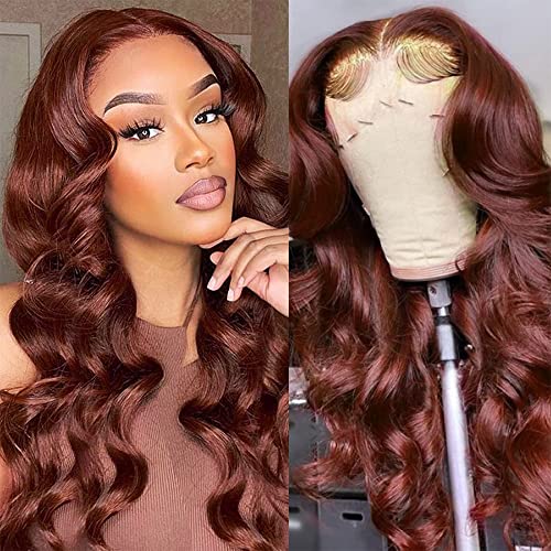 KLAIYI 13x4 Lace Front Wig - Brazilian Human Hair Wavy 18 Inch, Reddish Brown Dark Auburn Copper Red, Pre Plucked with Baby Hair, 150% Density, Glueless Lace Wig for Black Women | Perfect for Daily Wear, Parties & Special Occasions
