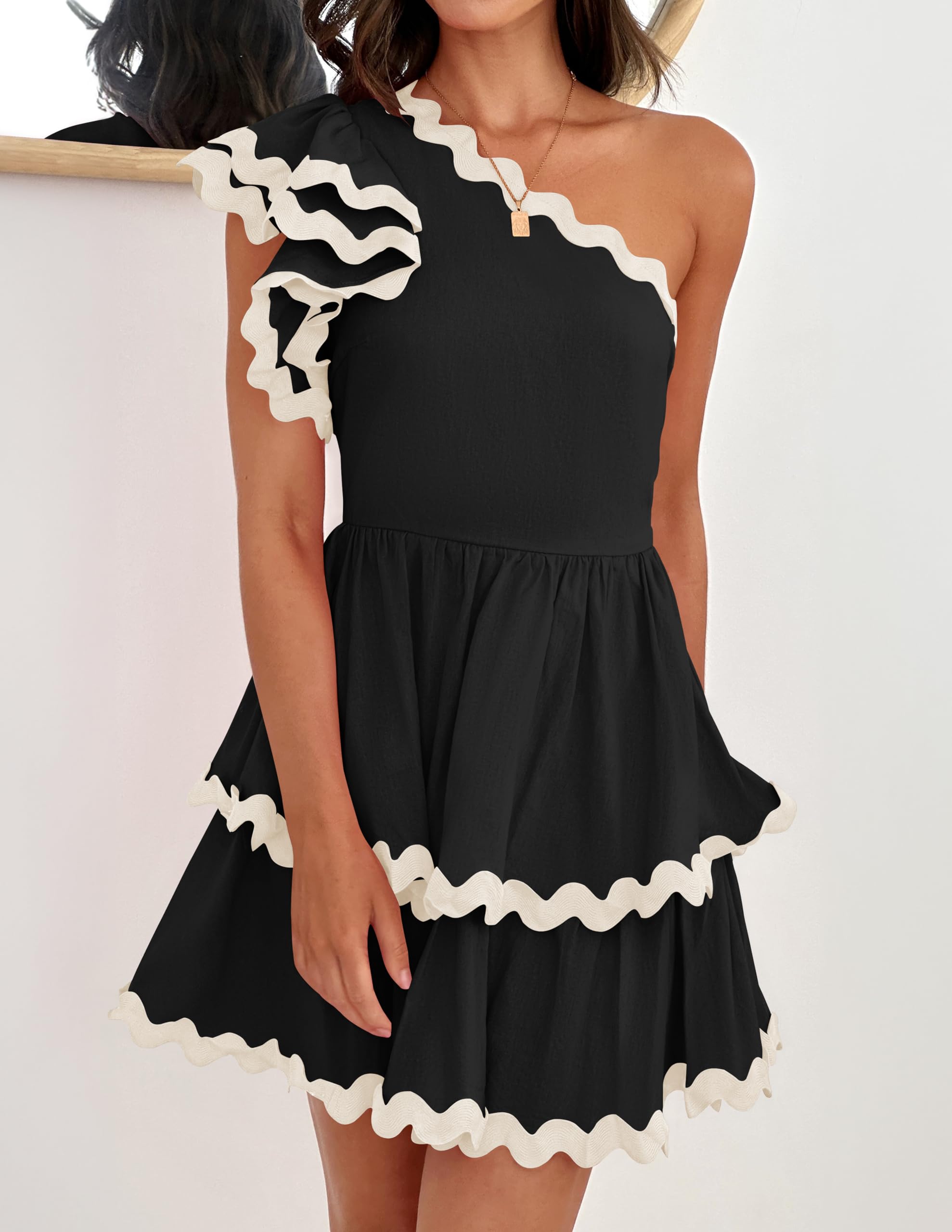 ZESICA Women's One Shoulder Ruffled Tiered Mini Sundress - Summer 2025 Short Sleeve A-Line Swing Dress for Beach Vacation, Party & Date Night