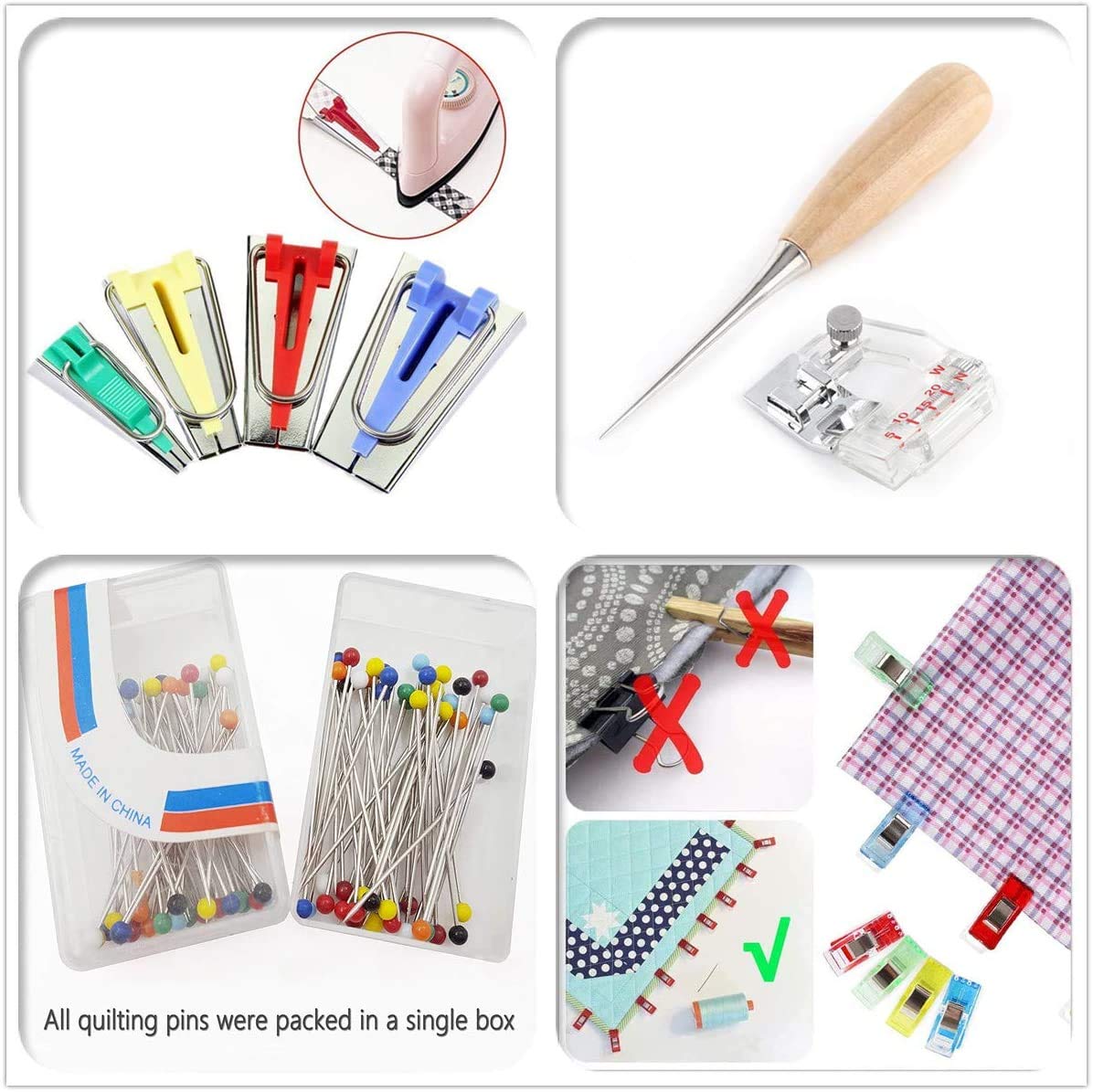 6mm/12mm/18mm/25mm 4-Size Bias Tape Maker Set with Binder Foot - Complete Sewing Kit for Quilting, Binding & DIY Fabric Projects - Includes Sewing Clips & Pins for Easy Fabric Edge Finishing