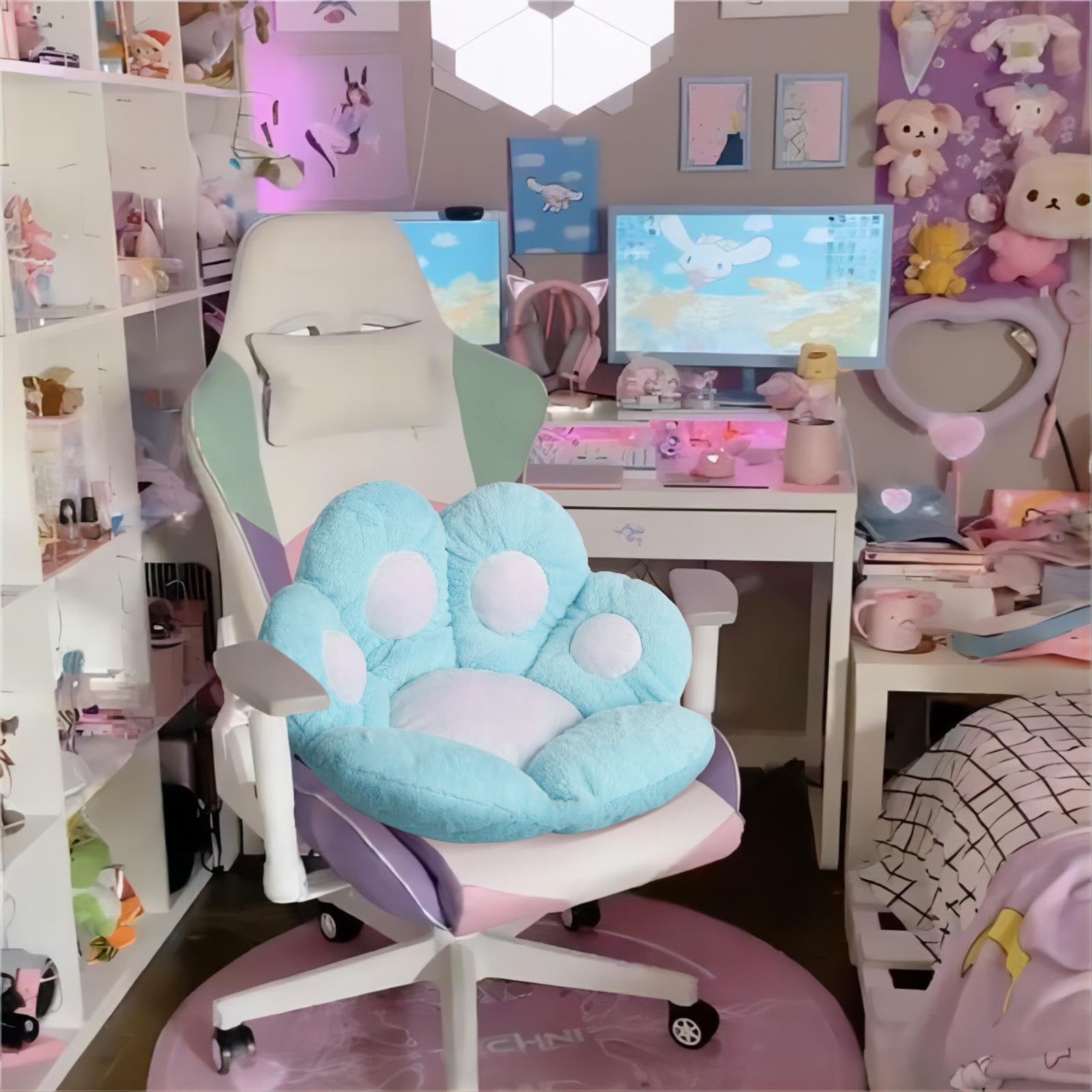 Kawaii Cat Paw Cushion - 31.4 x 27.5 Inch Ultra Soft Seat Pad for Gaming Chairs, Office & Floor - Blue Cute Home Decor (Perfect for Anime Lovers, Pet Owners & Cozy Room Setup)