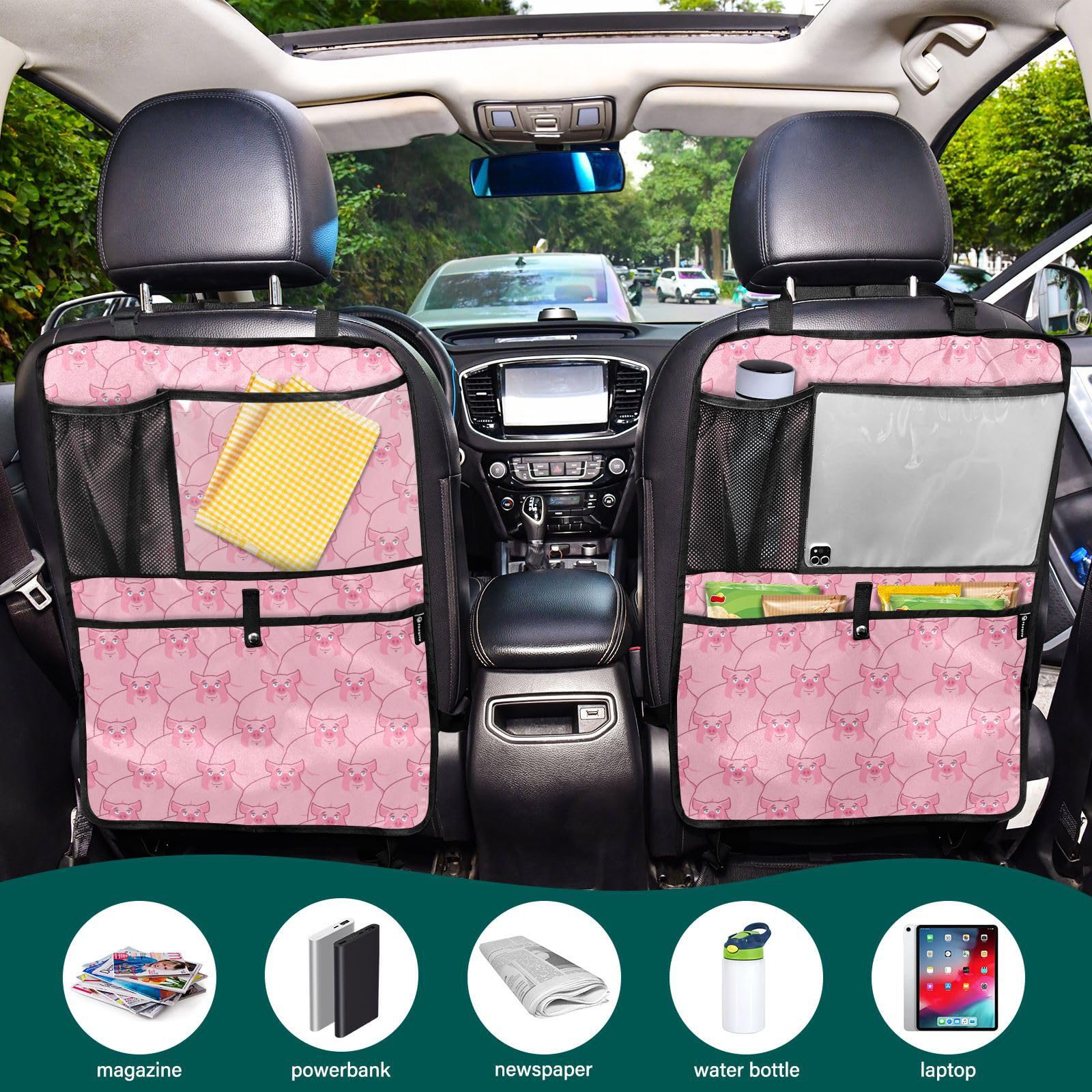 Pink Hog Pattern Car Seat Kick Mats - Waterproof Back Seat Protector for Kids, Anti-Scratch Organizer with Storage Pockets - Perfect for SUVs, Minivans & Family Road Trips