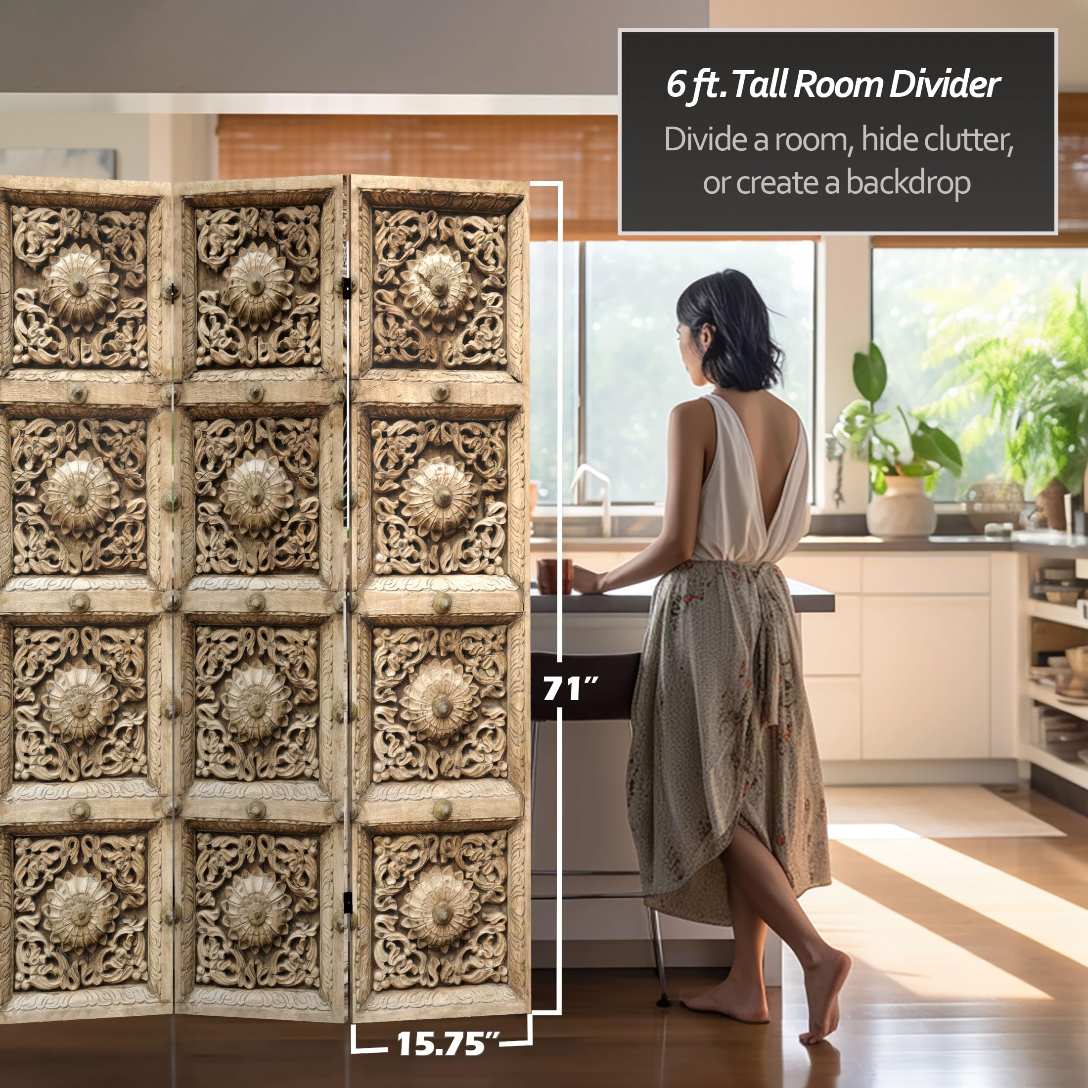 6 ft Tall Red Lantern Double-Sided Stone Doorway Canvas Room Divider - Beige | Freestanding Partition Screen for Living Room, Bedroom, Office & Event Decor