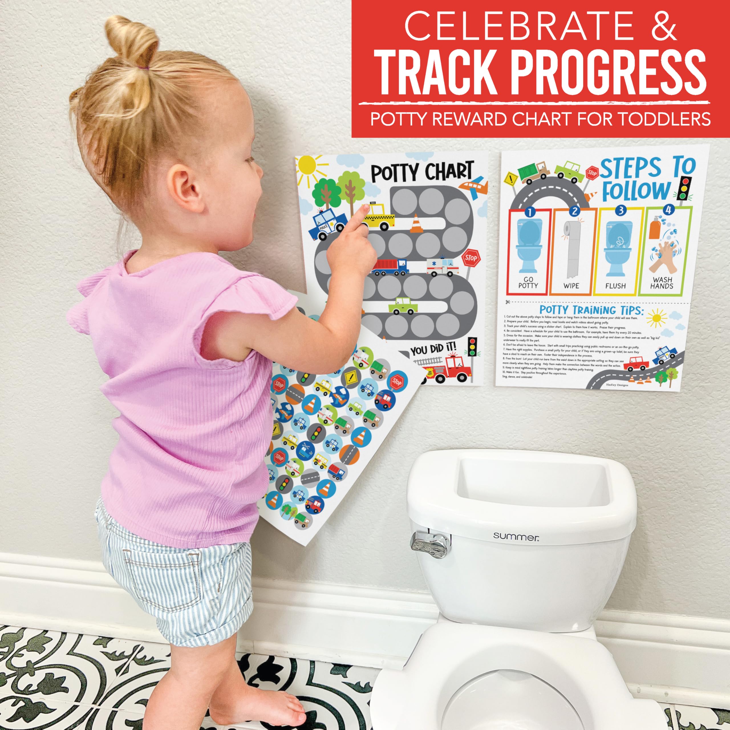 Hadley Designs Fun Potty Training Chart for Boys & Toddlers with Reward Stickers – Motivational Sticker Chart for Kids Potty Success | Perfect for Home, Daycare & Preschool Use