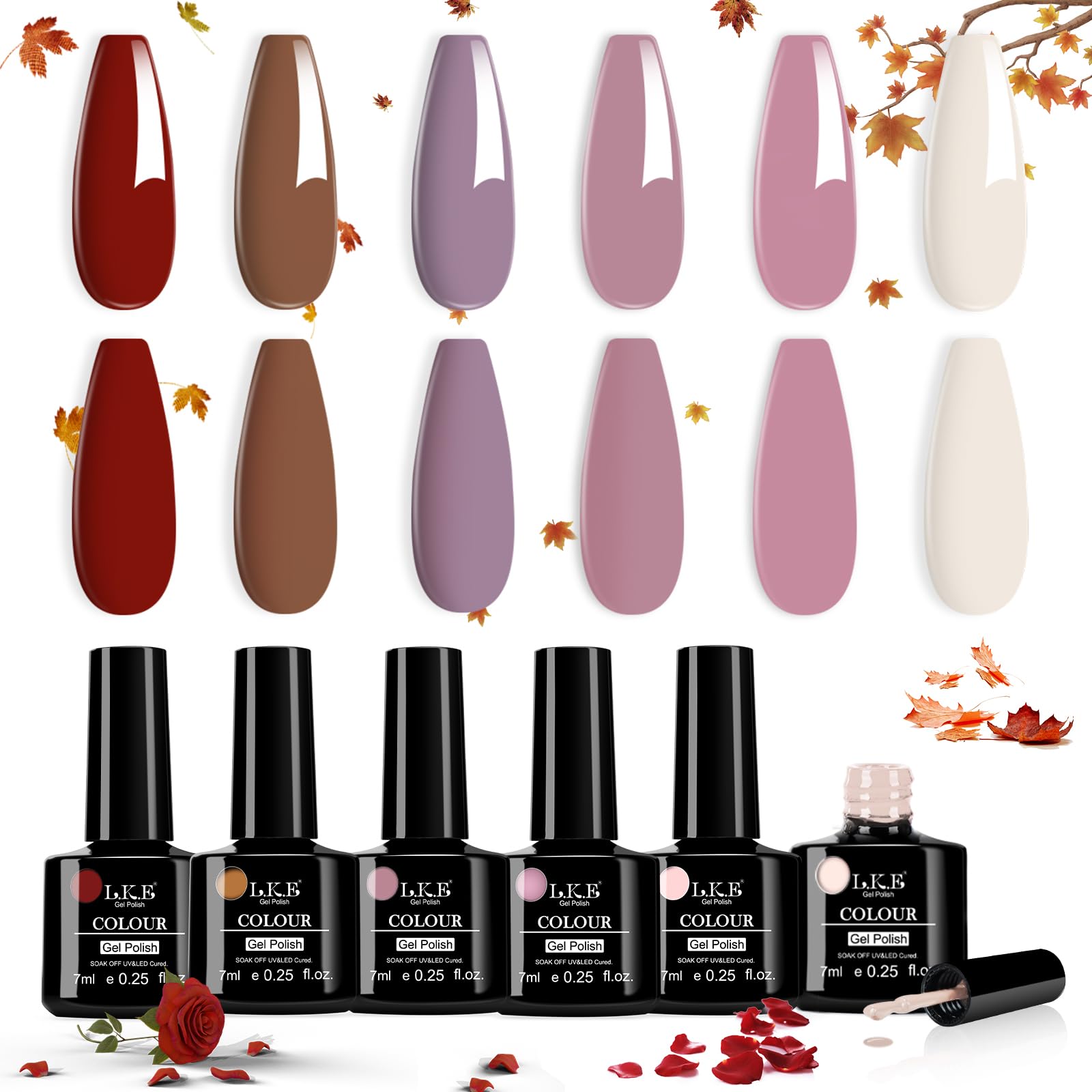 LKE Gel Nail Polish Set - 6 Colors Autumn Neutral Shades (Brown, Nude, Pink, Milky White) | Soak Off UV/LED Gel Polish Kit for Home DIY & Salon | Perfect for Fall Manicures, Nail Art Designs & Professional Nail Care