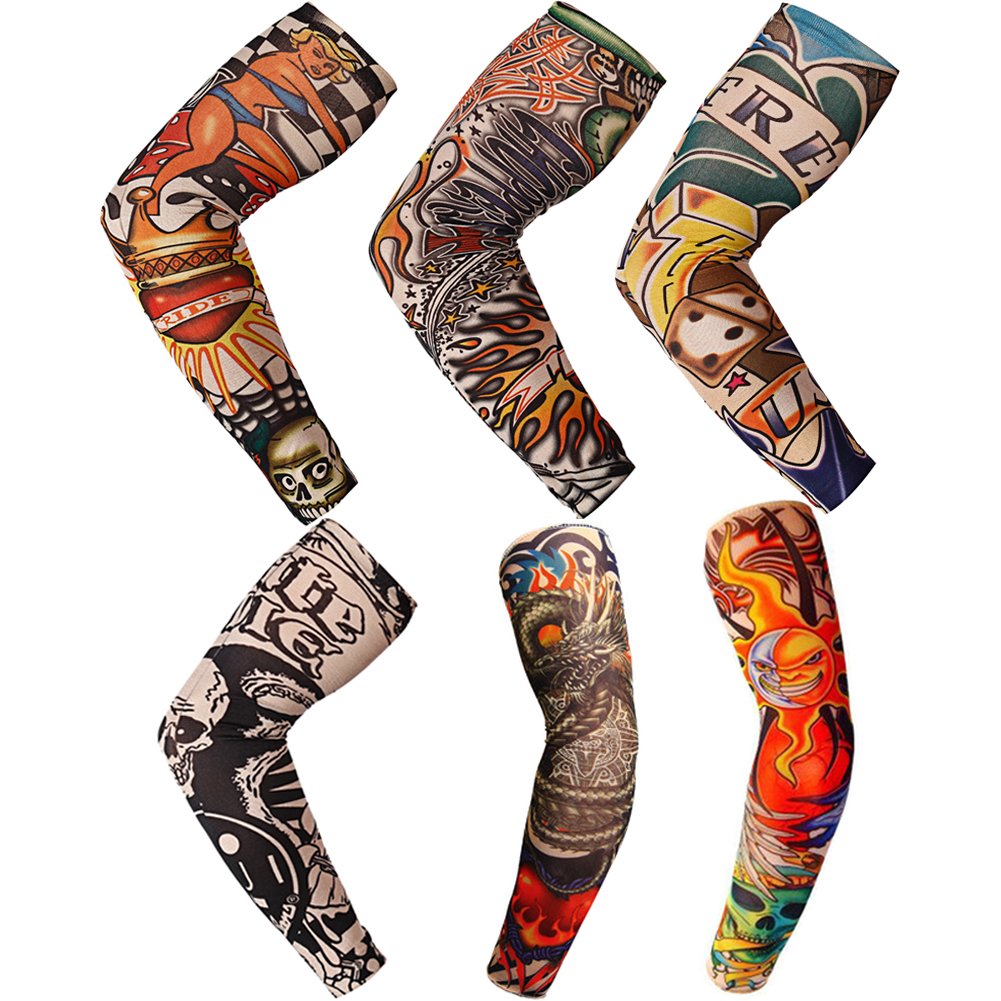 Fantastic Me 6-Piece Temporary Tattoo Arm Sleeves Set - UV Protection Sunscreen Sleeves for Outdoor Sports, Running, Fishing & Riding (18.9x3.3 Inches) - Tiger, Dragon & Skull Designs - Perfect for Sun Protection, Costume Parties & Athletic Performance