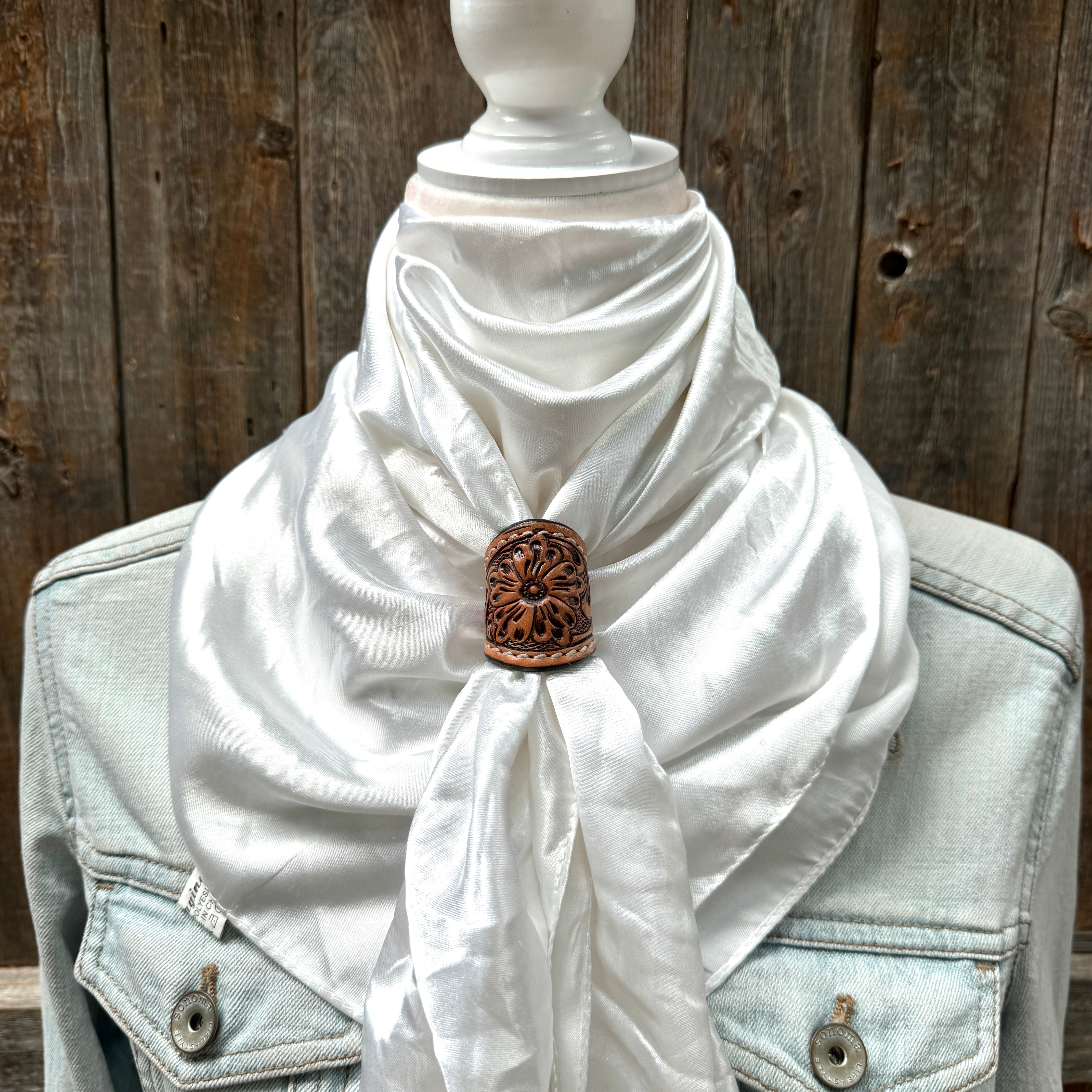 35x35 Inch Solid White Wild Rag Scarf with Tooled Leather Slides - Western Style Bandana for Cowboy, Cowgirl, and Outdoor Enthusiasts - Perfect for Rodeo, Horse Riding, and Country Fashion