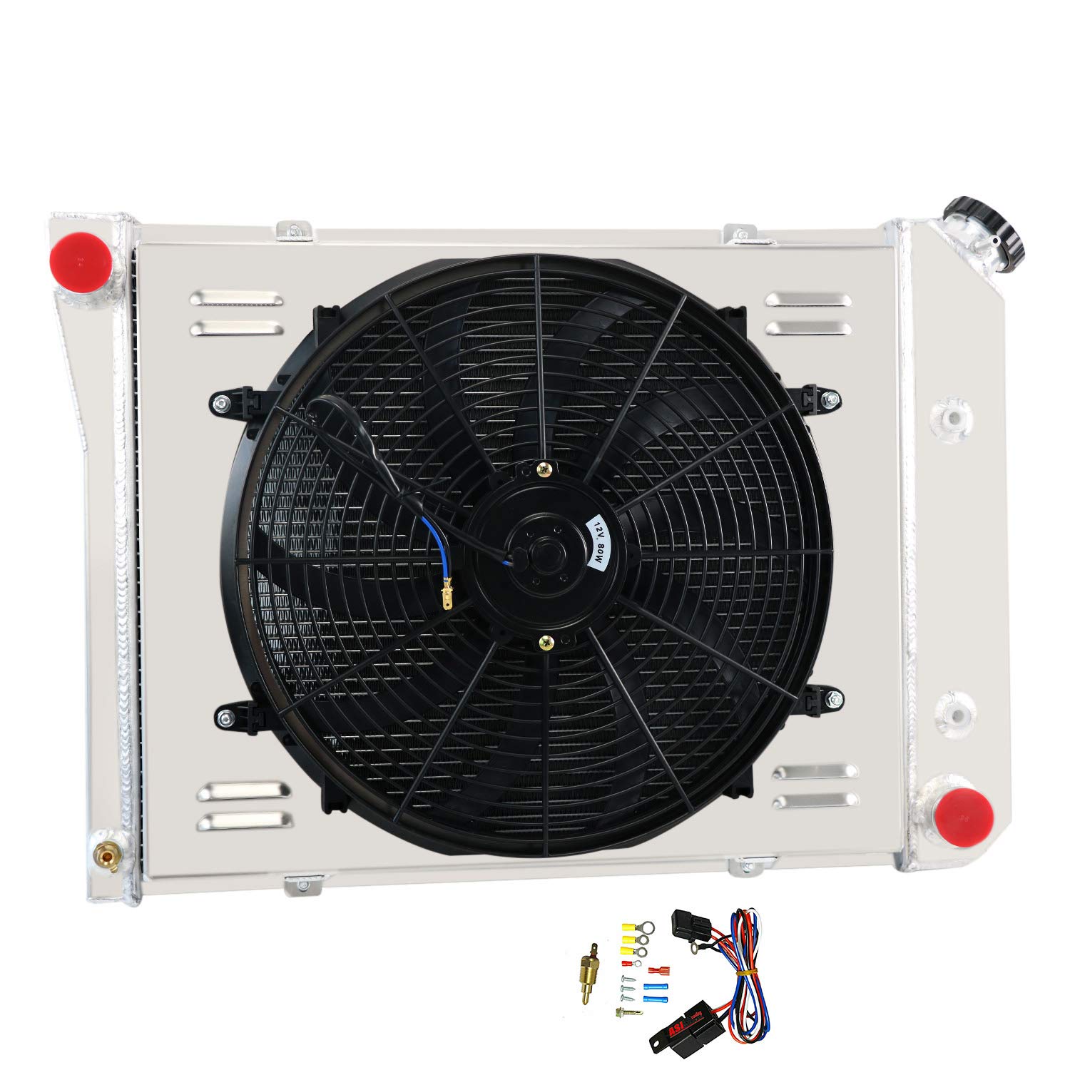 Alloyworks 3-Row Aluminum Radiator with Fan Shroud & Relay Kit - Compatible with 1968-1974 Chevy Nova, 1980-1987 Oldsmobile Cutlass, 1981-1986 Buick Regal - High-Performance Cooling Upgrade for Classic Muscle Cars & Hot Rods