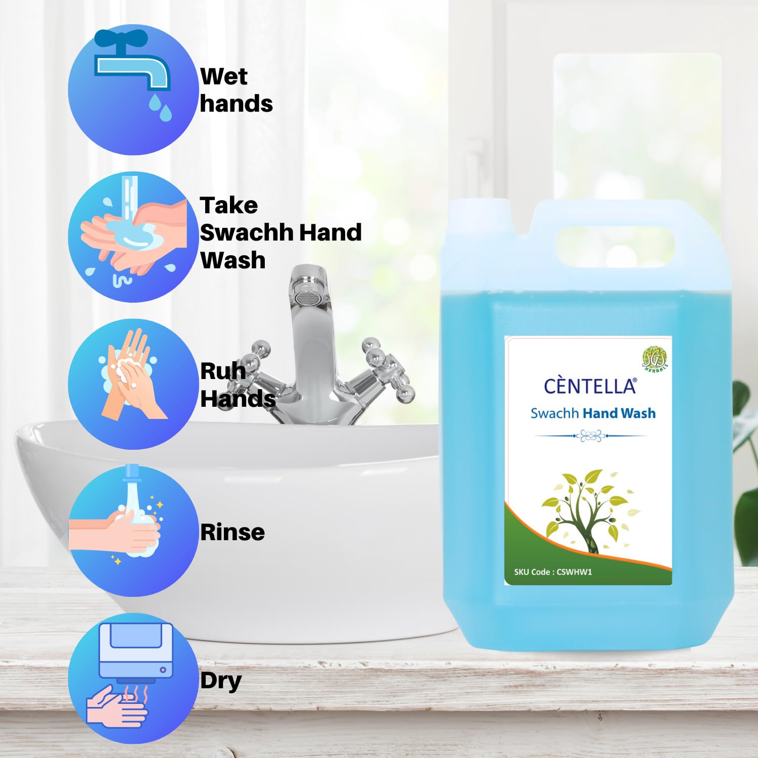 CENTELLA Swachh Multi-Purpose Liquid Hand Wash Cleanser - 5L Bulk Refill for Home, Office & Public Spaces - Gentle on Skin, Kills Germs & Bacteria - Ideal for Kitchens, Bathrooms & High-Traffic Areas