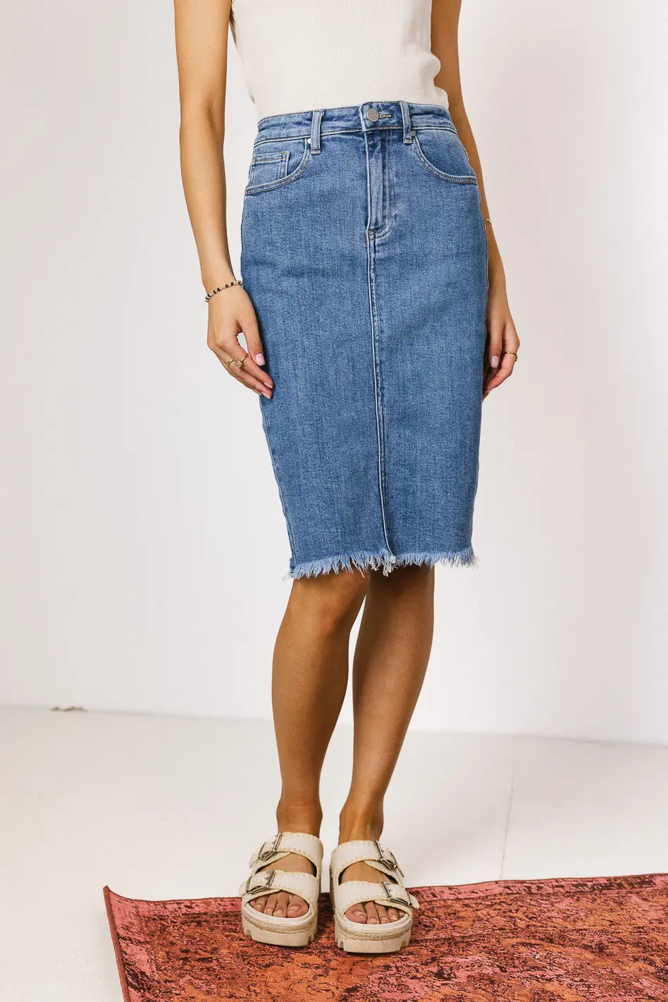 Frida Denim Midi Skirt for Women - High Waisted A-Line Denim Skirt with Pockets | Perfect for Casual Outfits, Date Nights & Summer Fashion