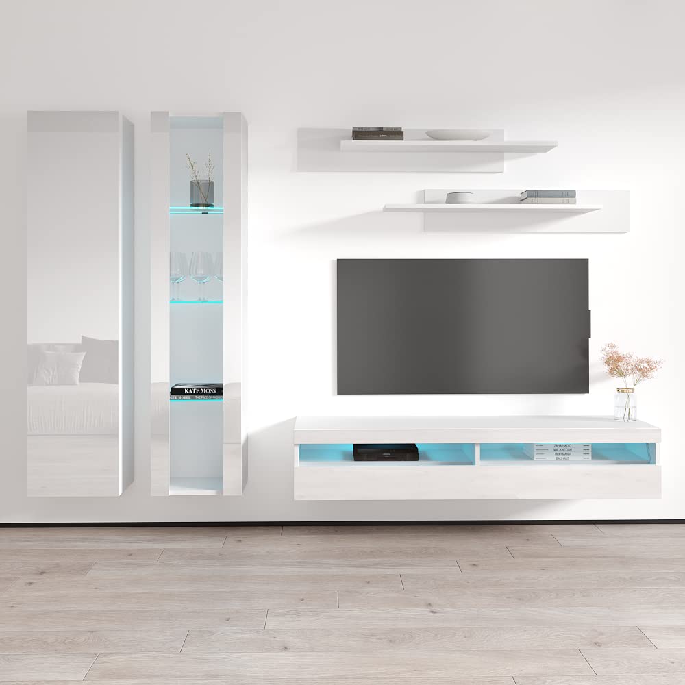 Modern White Wall-Mounted TV Stand with Storage Shelves & LED Lights - Floating Entertainment Center Console for Living Room & Bedroom - Perfect for Small Spaces, Apartments, and Home Theater Setups - Meble Furniture Fly A4 35TV Stand