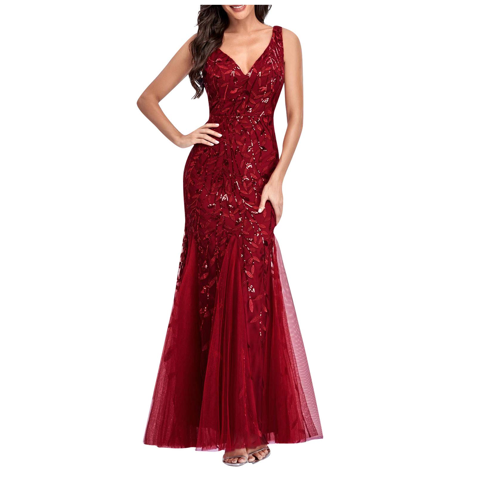 Sexy Floral Embroidered Beaded V-Neck Fishtail Evening Dress for Women - Sleeveless Summer Party Cocktail Dress for Weddings, Date Nights & Special Occasions