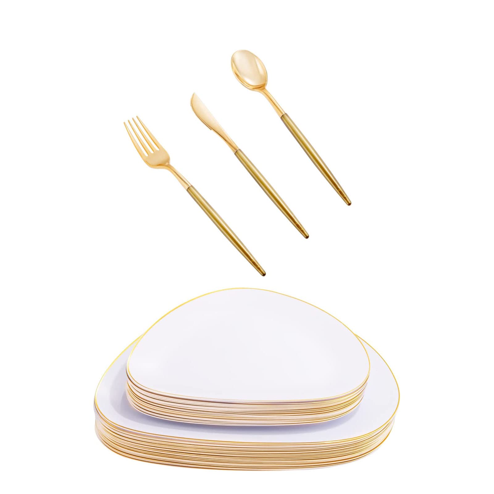 102-Piece Gold Plastic Silverware Set - Disposable Flatware with Dark Gold Handle (34 Forks, 34 Knives, 34 Spoons) + 60 Platinum Plastic Plates (30 Gold & 30 Dessert Plates) - Elegant Party Tableware for Weddings, Birthdays & Special Events