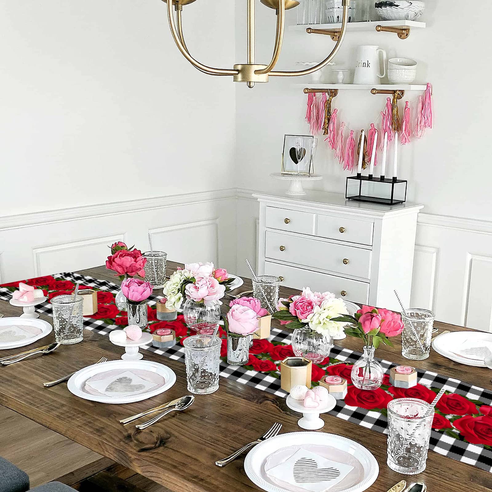 Valentine's Day Table Runner 18x72 Inch - Rose Buffalo Plaid Cotton Tablecloth for Wedding, Party & Home Decor - Coffee & Dining Table Scarf - Romantic Home Decoration for Valentine's, Anniversary & Special Occasions