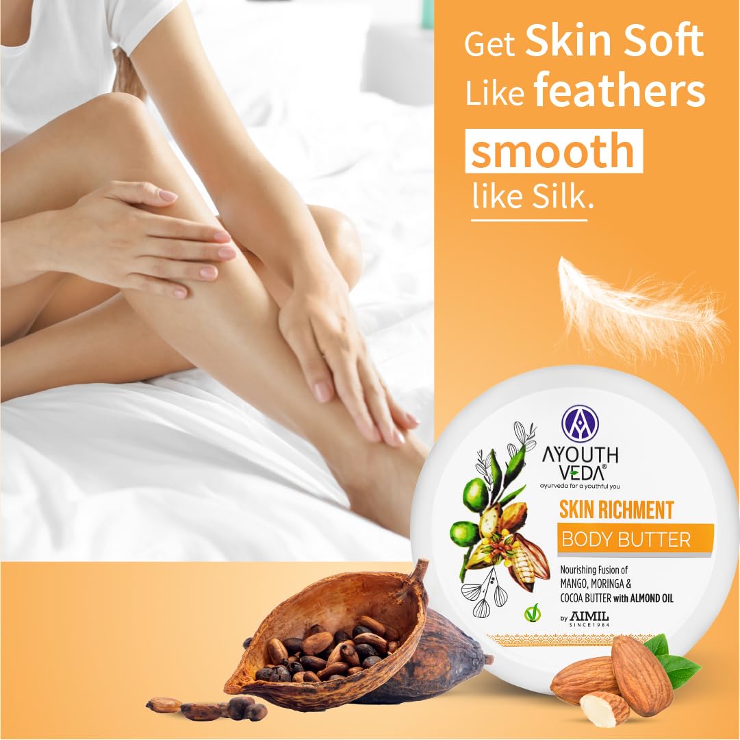 Ayouthveda Skin Richment Body Butter - Cocoa Moringa & Mango Butter with Almond Oil | All-Day Non-Sticky Moisturizer for Men & Women | 200g | Perfect for Dry Skin, After Shower Hydration & Daily Skincare Routine