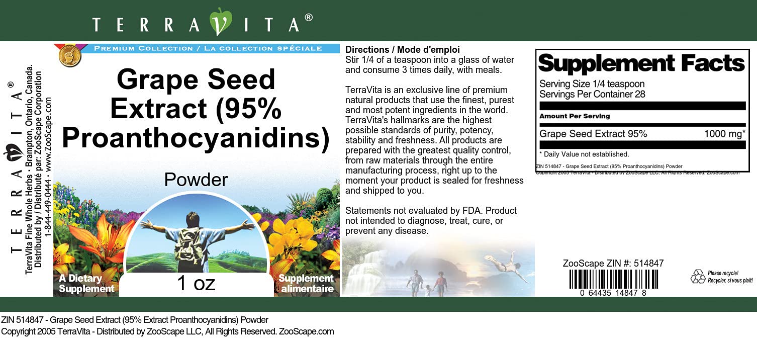 Terravita Grape Seed Extract Powder - 95% Proanthocyanidins (1 oz) | Antioxidant Supplement for Heart Health & Skin Care | Supports Immune System & Collagen Production