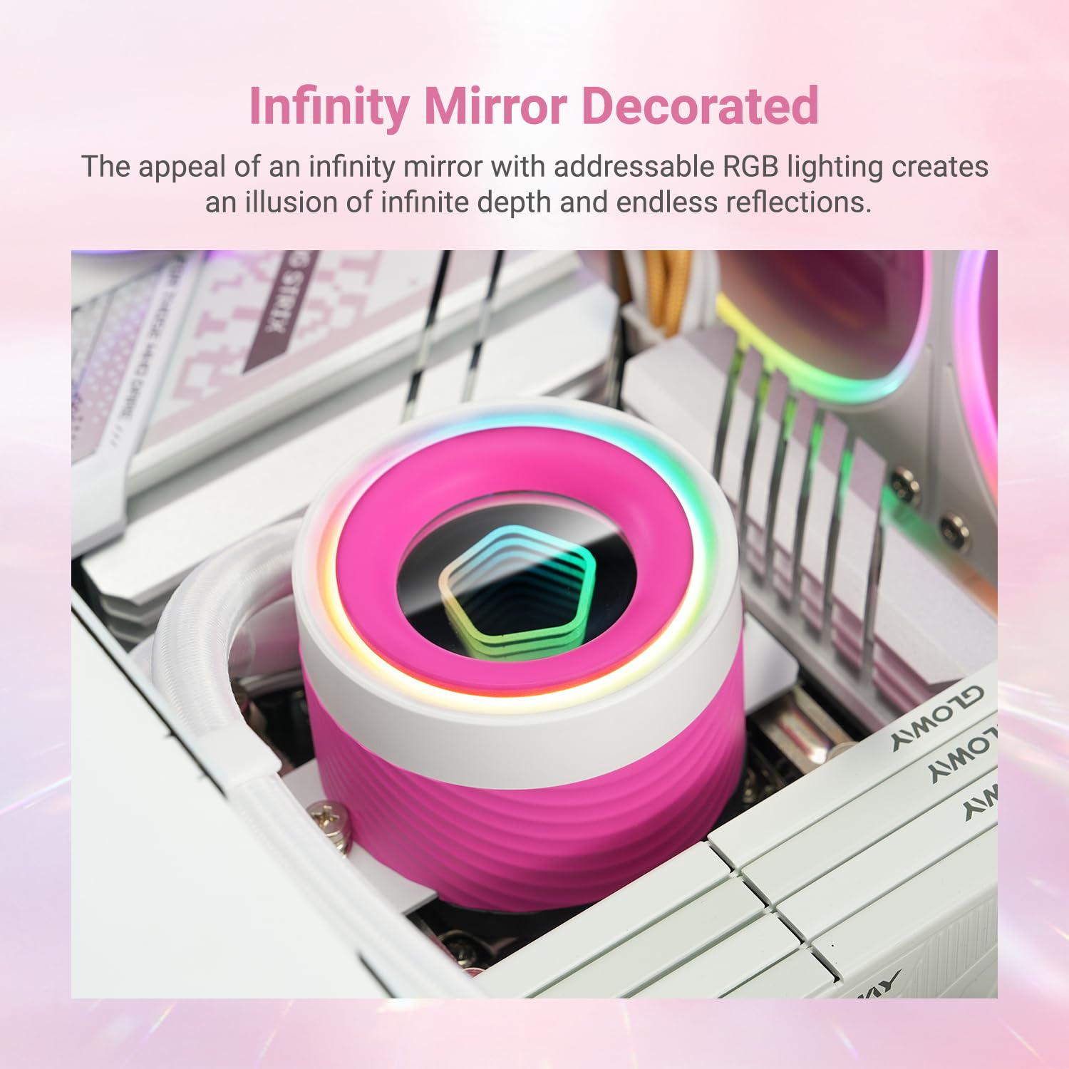ID-COOLING FX240 INF Pink Edition 240mm ARGB Liquid CPU Cooler | AIO Water Cooling System with Infinity Mirror Effect | 2x120mm Daisy-Chained Low-Noise Fans (29.9dB Max) | Intel & AMD Compatible | Perfect for Gaming PC Builds & High-Performance Workstations