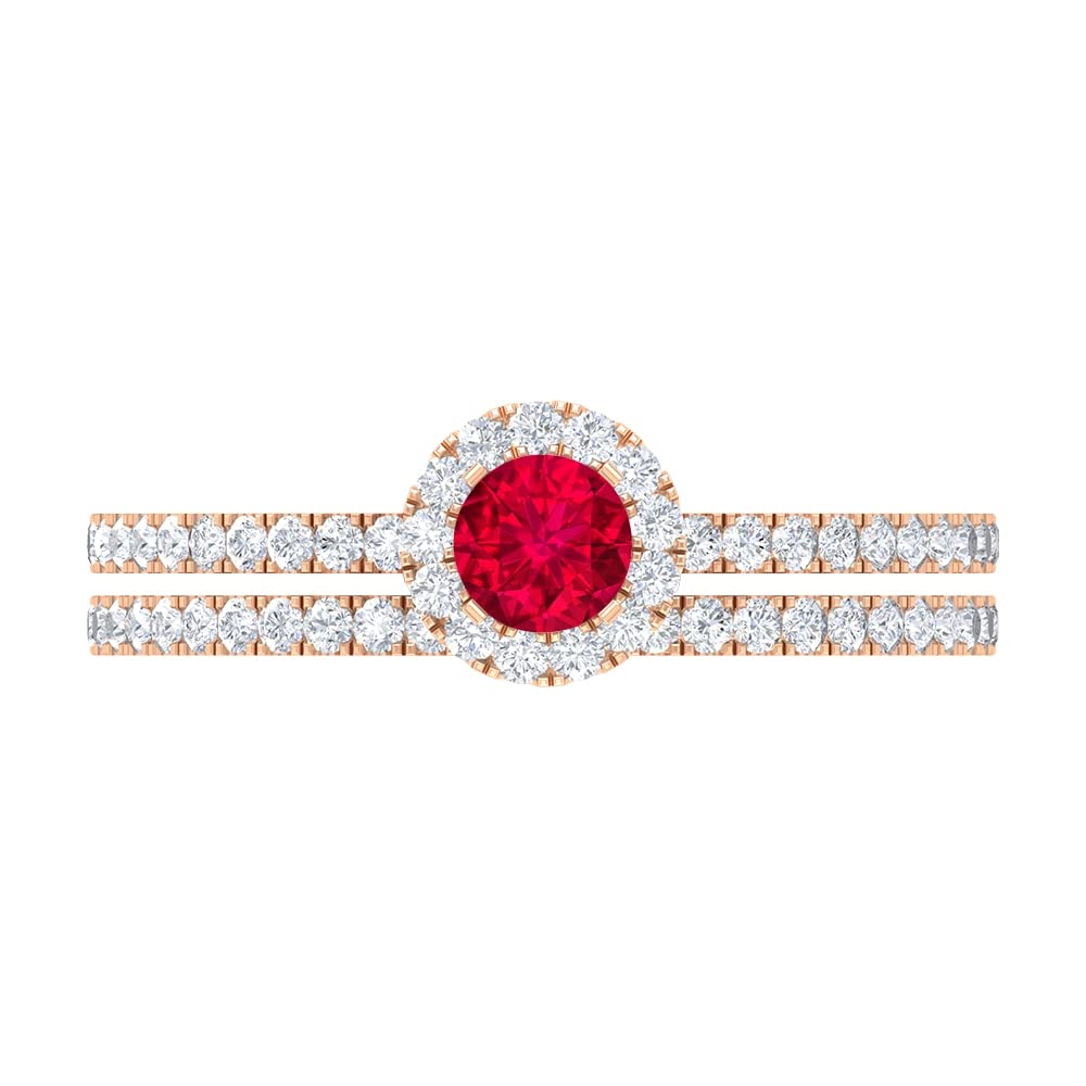 Lab Created Ruby Ring Set with Moissanite Halo - 14K Solid Gold Certified Wedding Band for Women | Elegant Minimalist Jewelry for Engagement, Anniversary & Special Occasions