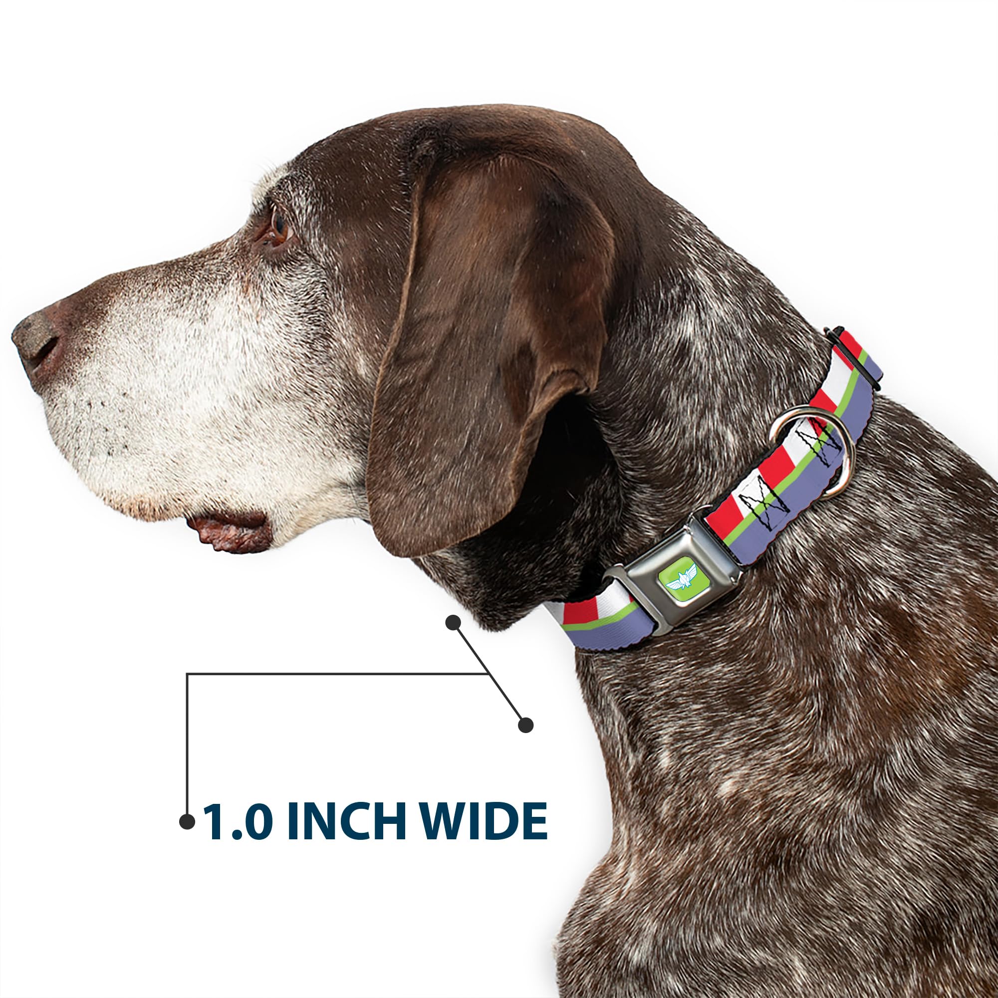 Buckle-Down Dog Collar with Seatbelt Buckle - Toy Story Buzz Lightyear Themed Striped Design in Red, Green & Purple - Adjustable 11-17 Inches, 1.0 Inch Wide - Perfect for Cosplay, Pet Costumes & Disney-Themed Events (DC-SB-DYXU-WDY494-1.0-M)