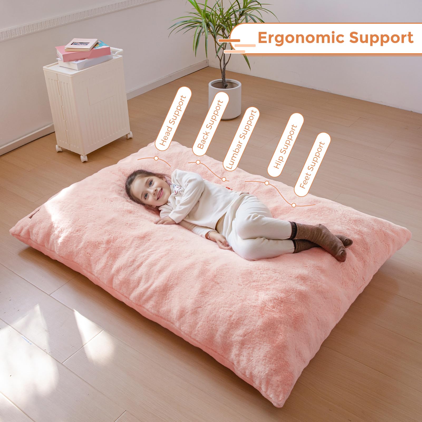 MAXYOYO 3-in-1 Kids Bean Bag Chair Bed - Convertible Faux Fur Floor Sofa for Children, Gaming & Reading (Pink) | Perfect for Bedroom, Playroom & Dorm Room Comfort