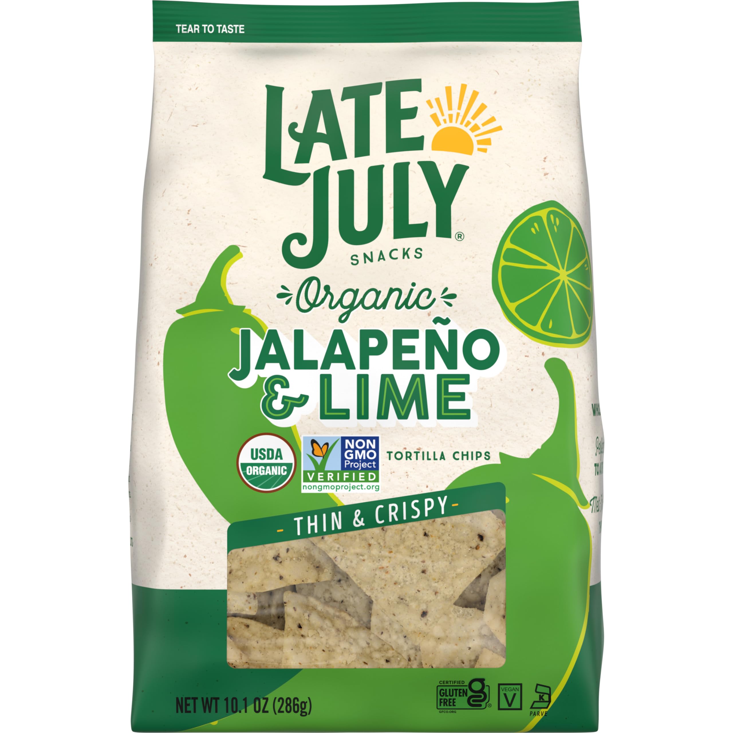 Organic Thin & Crispy Tortilla Chips - Jalapeño & Lime Flavor | Late July Snacks | 10.1 oz Bag | Gluten-Free, Non-GMO | Perfect for Parties, Snacking & Mexican Cuisine