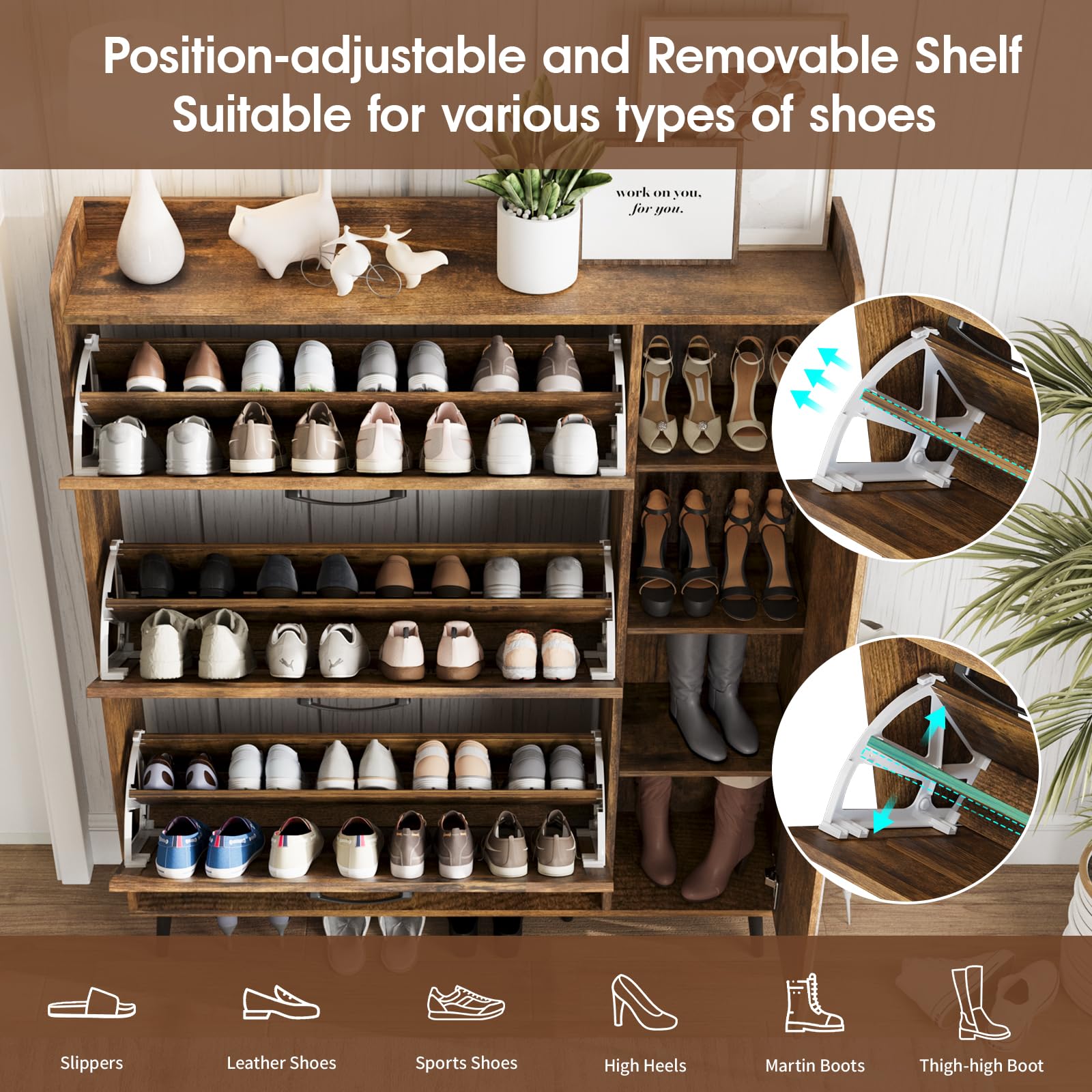Maupvit 3-Tier Flip-Drawer Shoe Storage Cabinet with Mirror - Freestanding Shoe Organizer with 5 Wooden Legs, Slim Shoe Rack with Shelves & Door for Entryway, Hallway, Living Room - Perfect for Small Spaces & Shoe Lovers (Brown)
