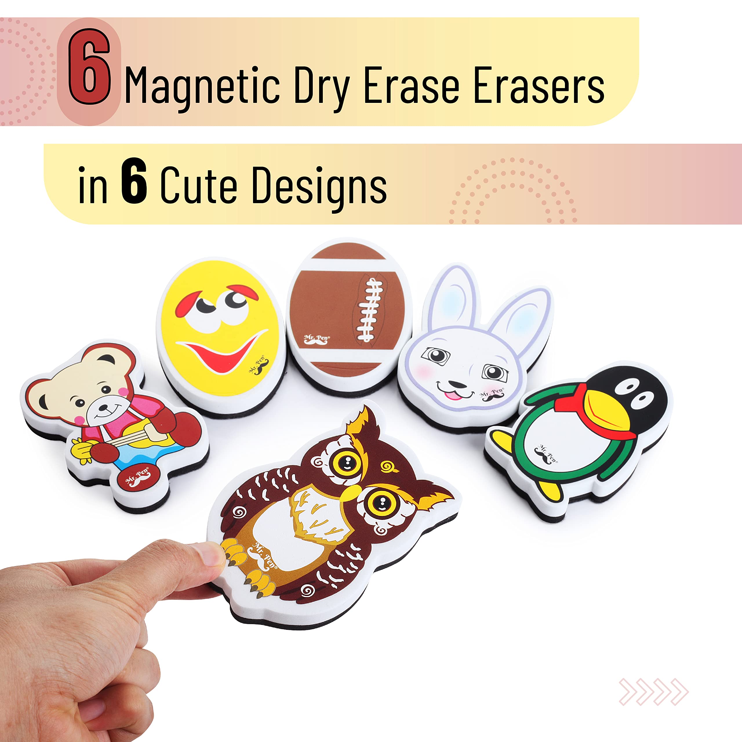 Mr. Pen - 6 Pack Multicolor Magnetic Whiteboard Erasers, Animal & Pen Shaped Foam and Felt Erasers for Classroom, Office, Game Centers - Perfect for Teachers, Students & Kids Learning Activities