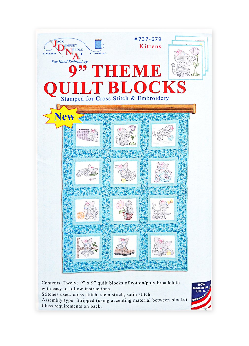 Jack Dempsey Needle Art 9-inch Kittens Theme Quilt Blocks - Pre-Stamped Cross Stitch & Embroidery Kits for DIY Home Decor & Gift Making